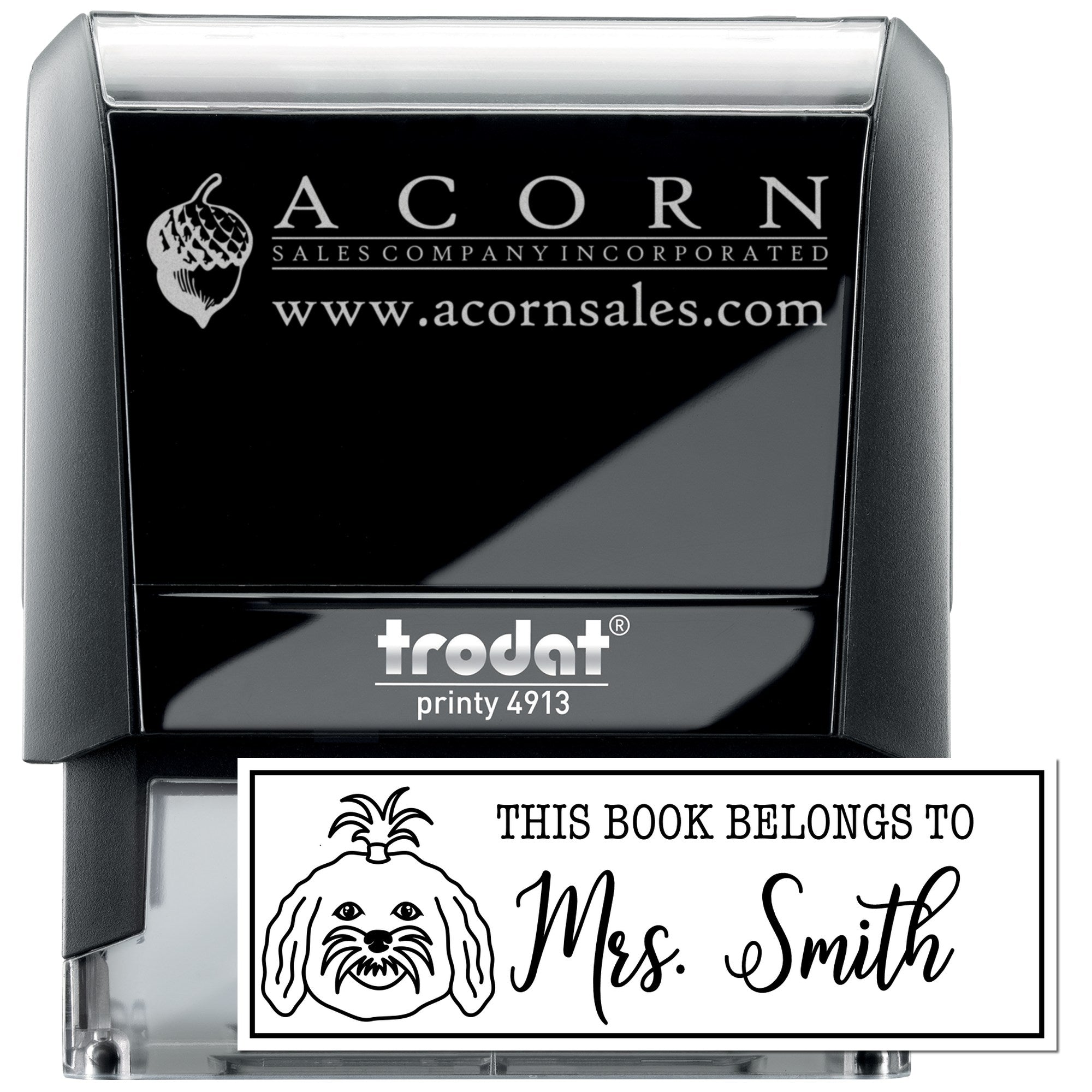 Custom self-inking rubber stamp with business logo and personalized book ownership design, Trodat Printy 4913.