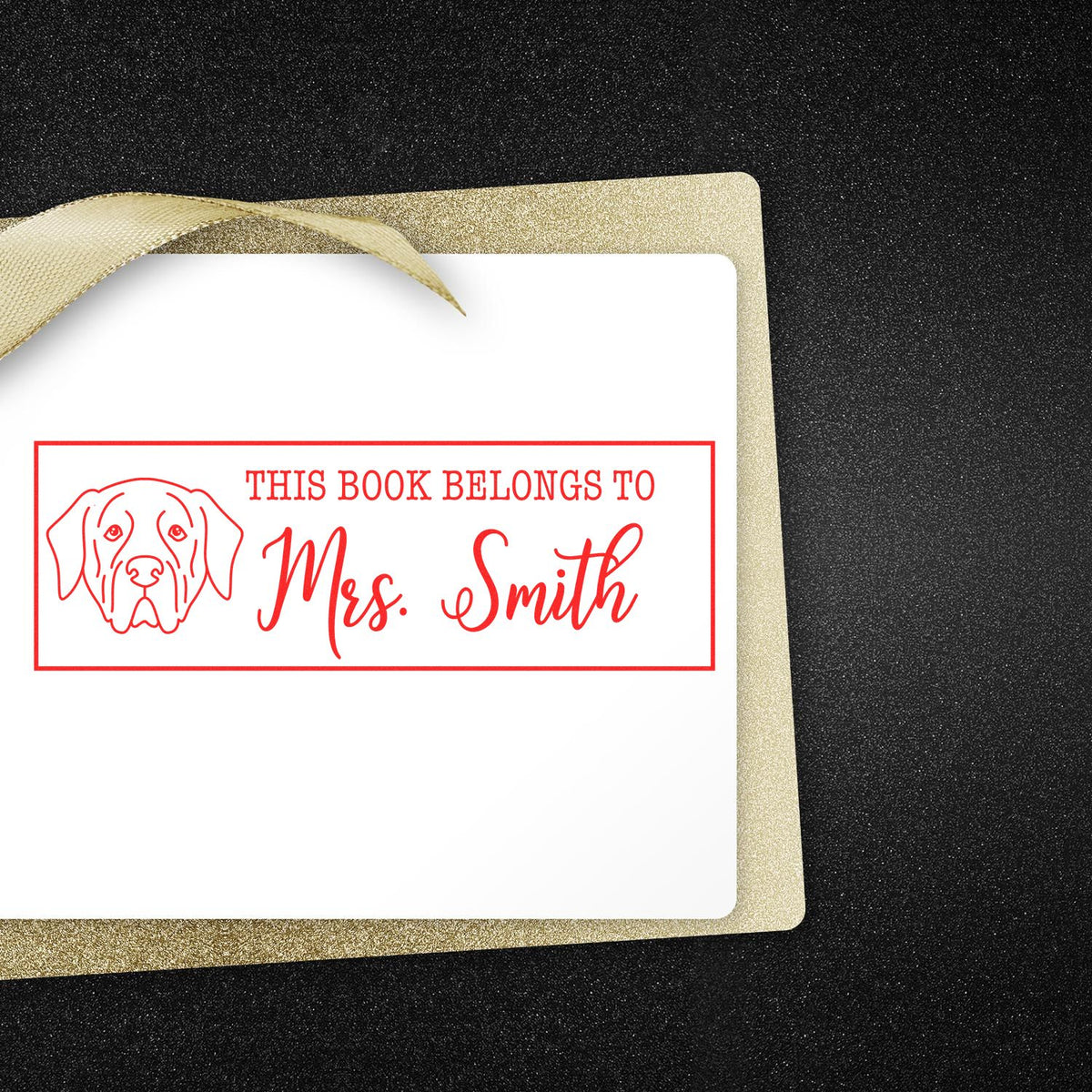 Personalized book stamp with dog illustration and This Book Belongs to Mrs. Smith for custom library labeling.