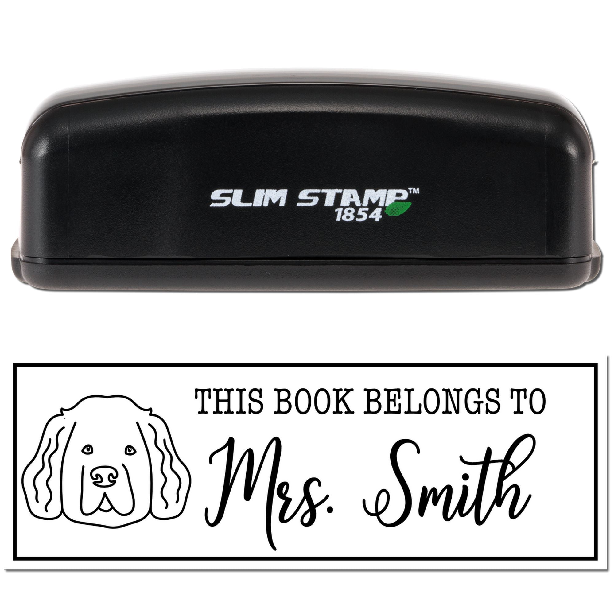 Custom self-inking rubber book stamp with dog design for personalized book plates, reading This book belongs to Mrs. Smith.