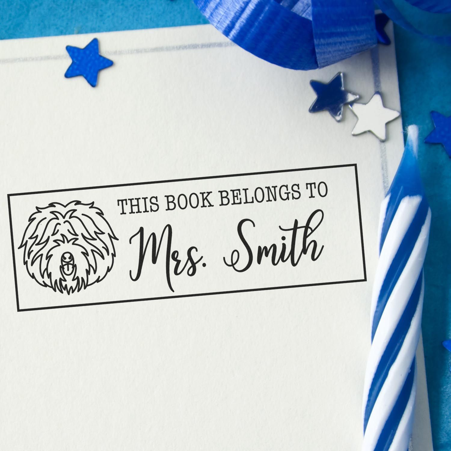 Personalized rubber stamp bookplate for Mrs. Smith, featuring a dog illustration and This Book Belongs To label.