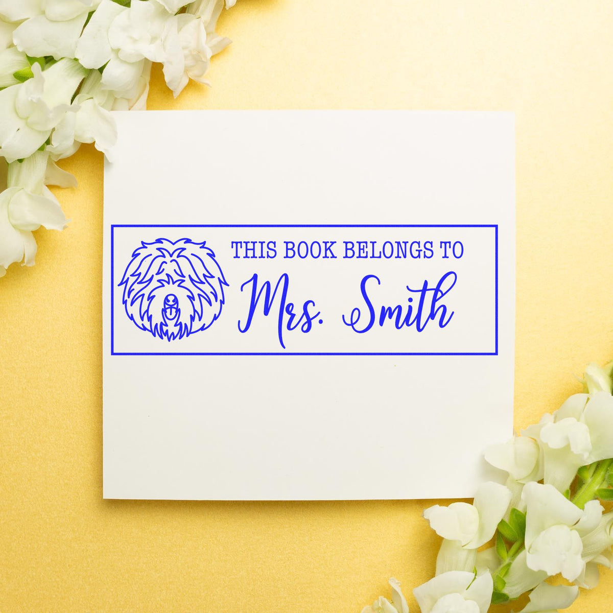 Custom rubber stamp bookplate with dog illustration and This Book Belongs to Mrs. Smith personalized ex libris design