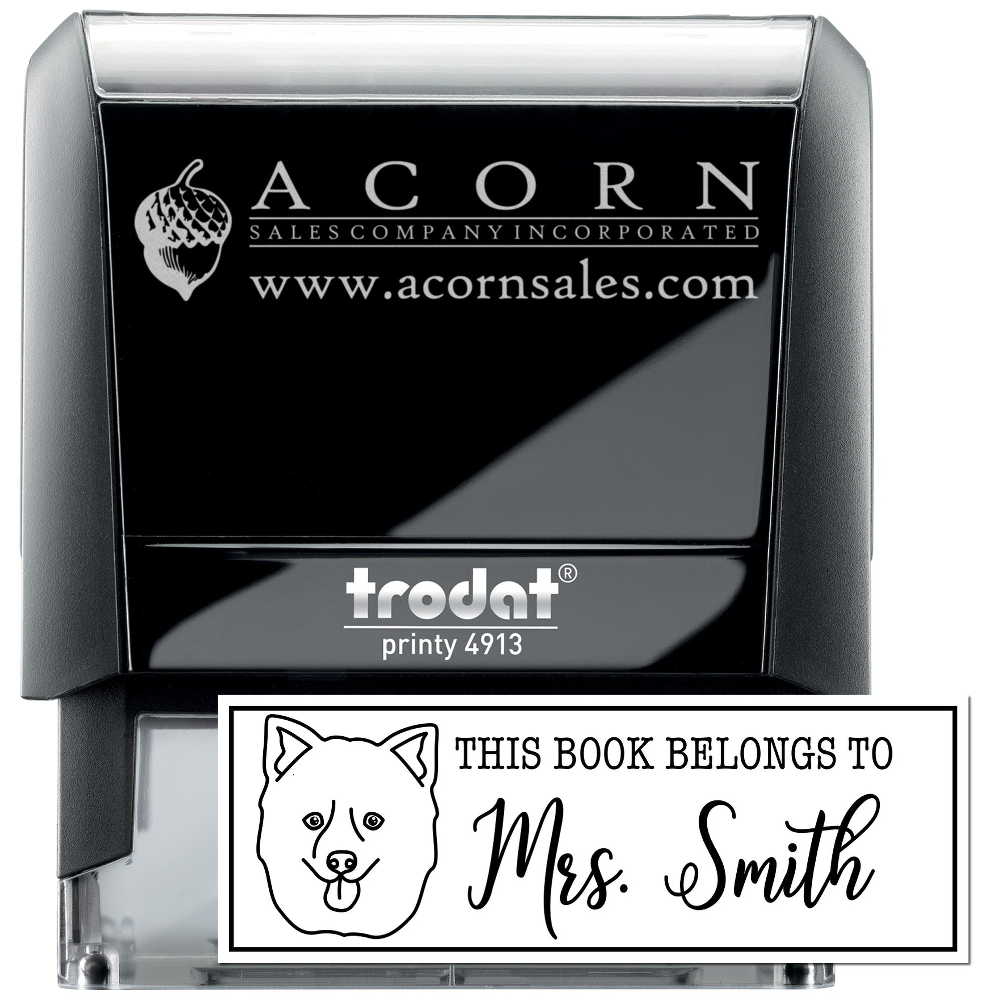 Custom self-inking rubber stamp with logo and personalized This Book Belongs to Mrs. Smith bookplate design.