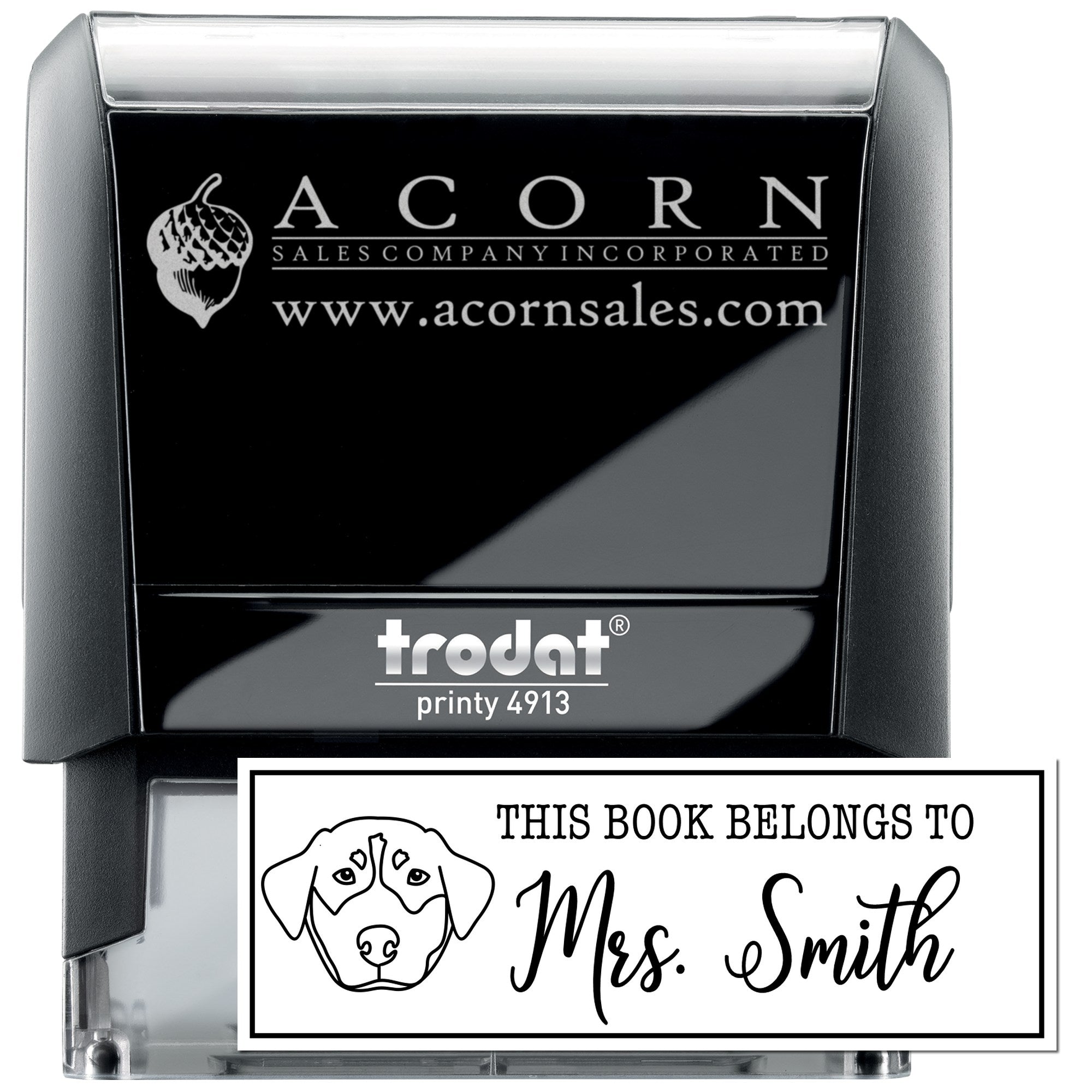 Custom self-inking rubber stamp with business logo and personalized book stamp imprint for branding and book ownership.