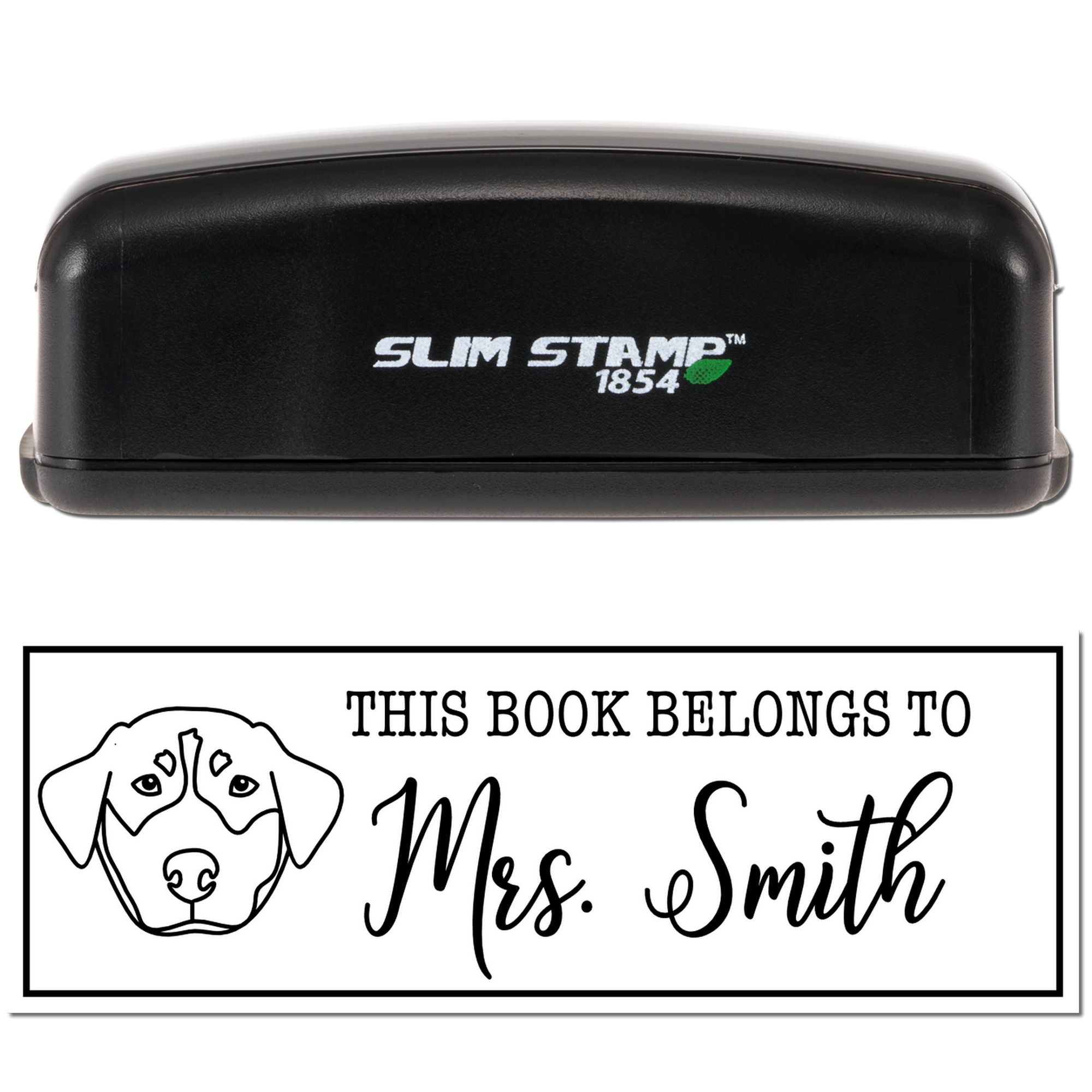 Slim Stamp 1854 custom rubber stamp for personalized bookplates, featuring a dog design and "This Book Belongs To" text.