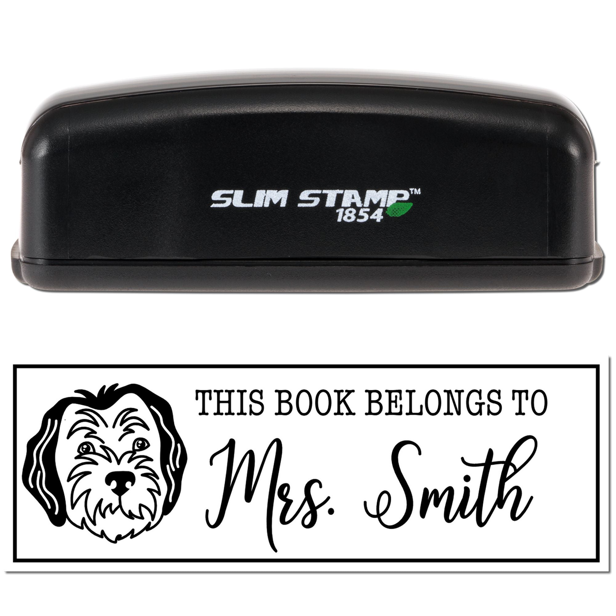 Personalized dog book rubber stamp with Slim Stamp 1854 case and custom This Book Belongs to Mrs. Smith imprint