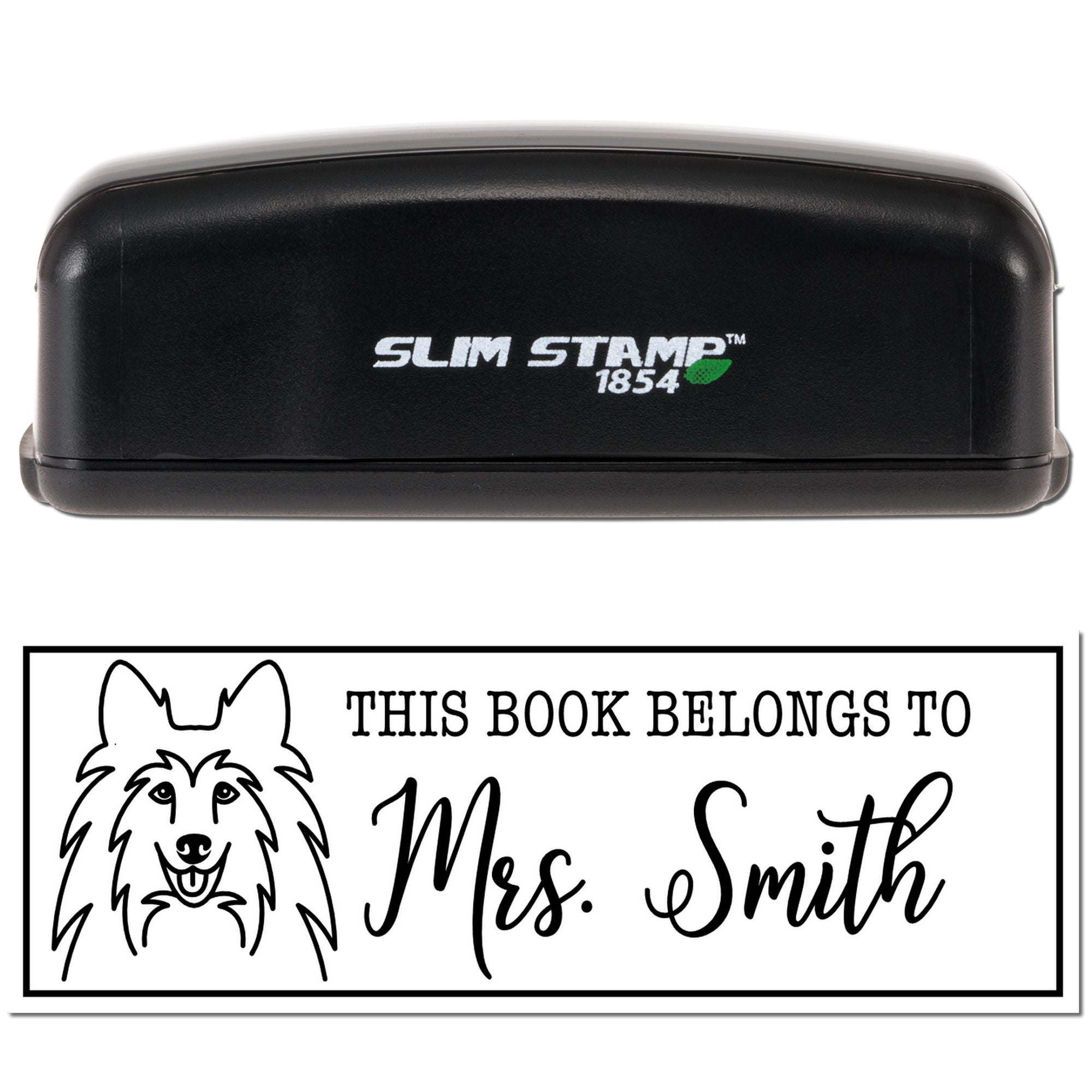 Custom self-inking rubber stamp with dog bookplate design reading This Book Belongs to Mrs. Smith