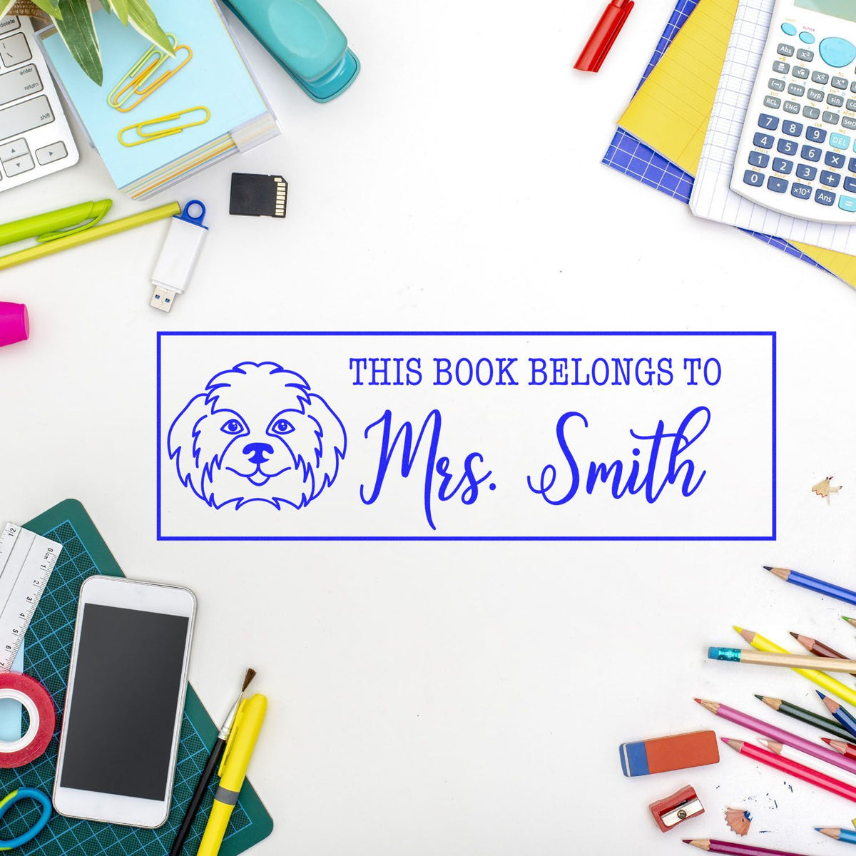 Custom rubber stamp design with dog icon and This Book Belongs to Mrs. Smith for personalized book labeling.