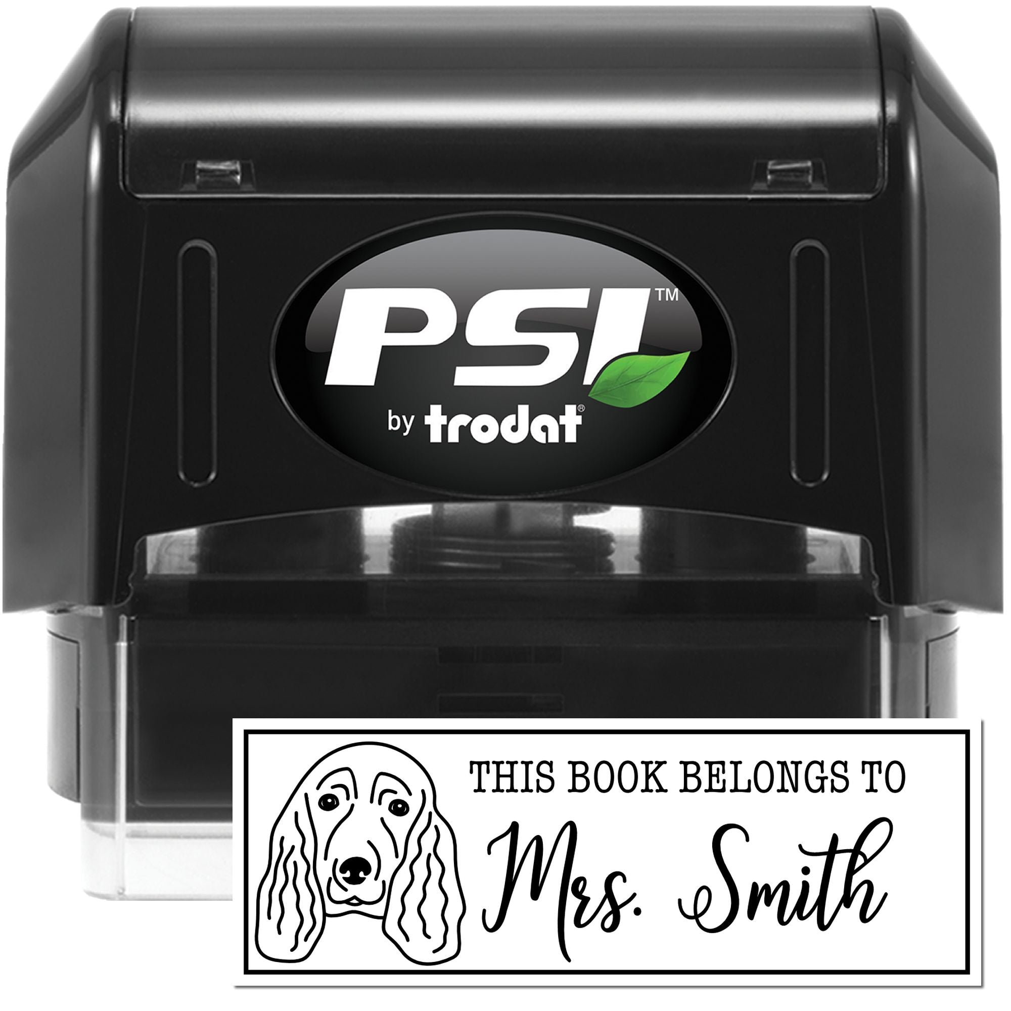 PSI by Trodat self-inking custom book stamp with dog design and Mrs. Smith personalized return address label text.