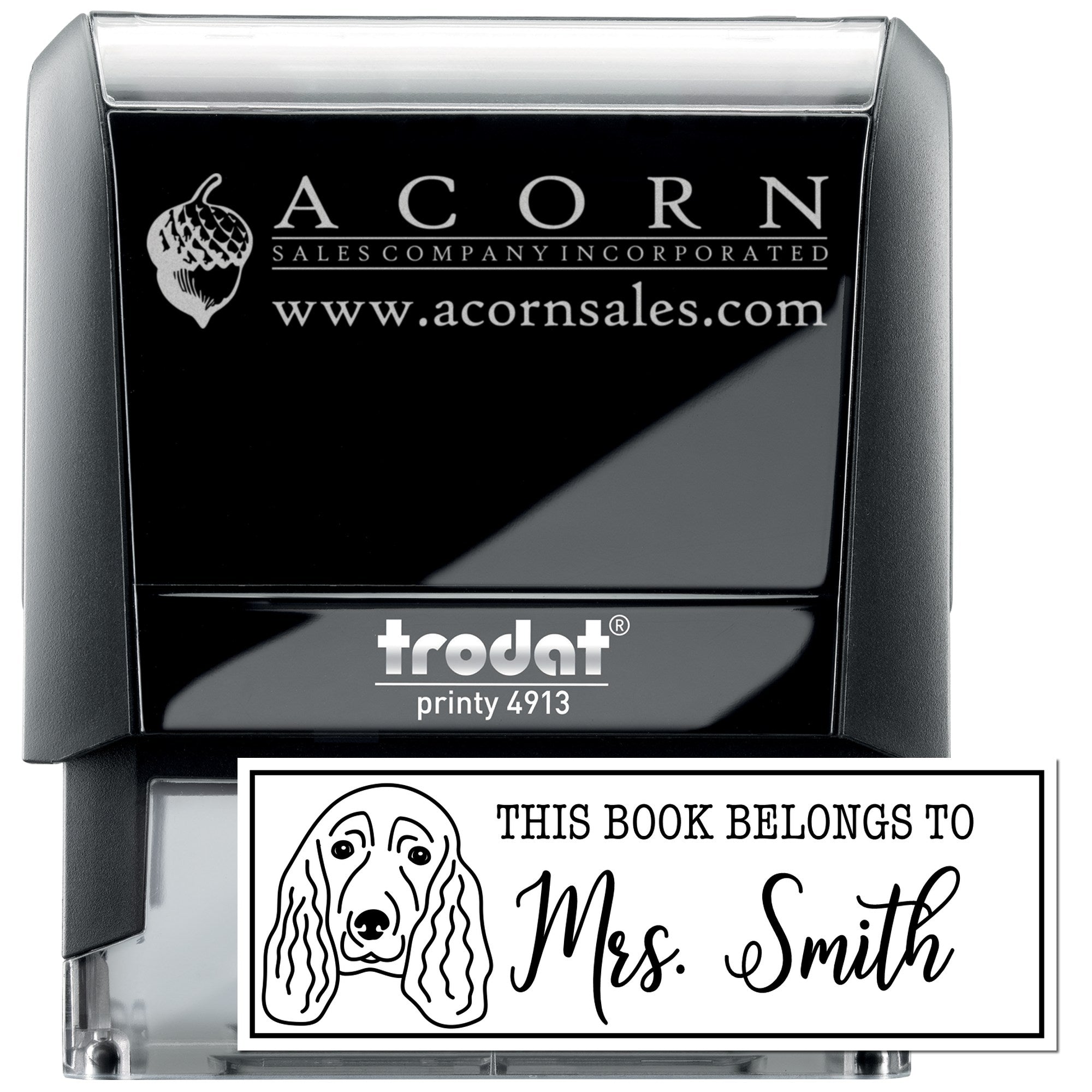 Custom self-inking rubber stamp for business branding and book ownership, with logo and personalized Mrs. Smith imprint.