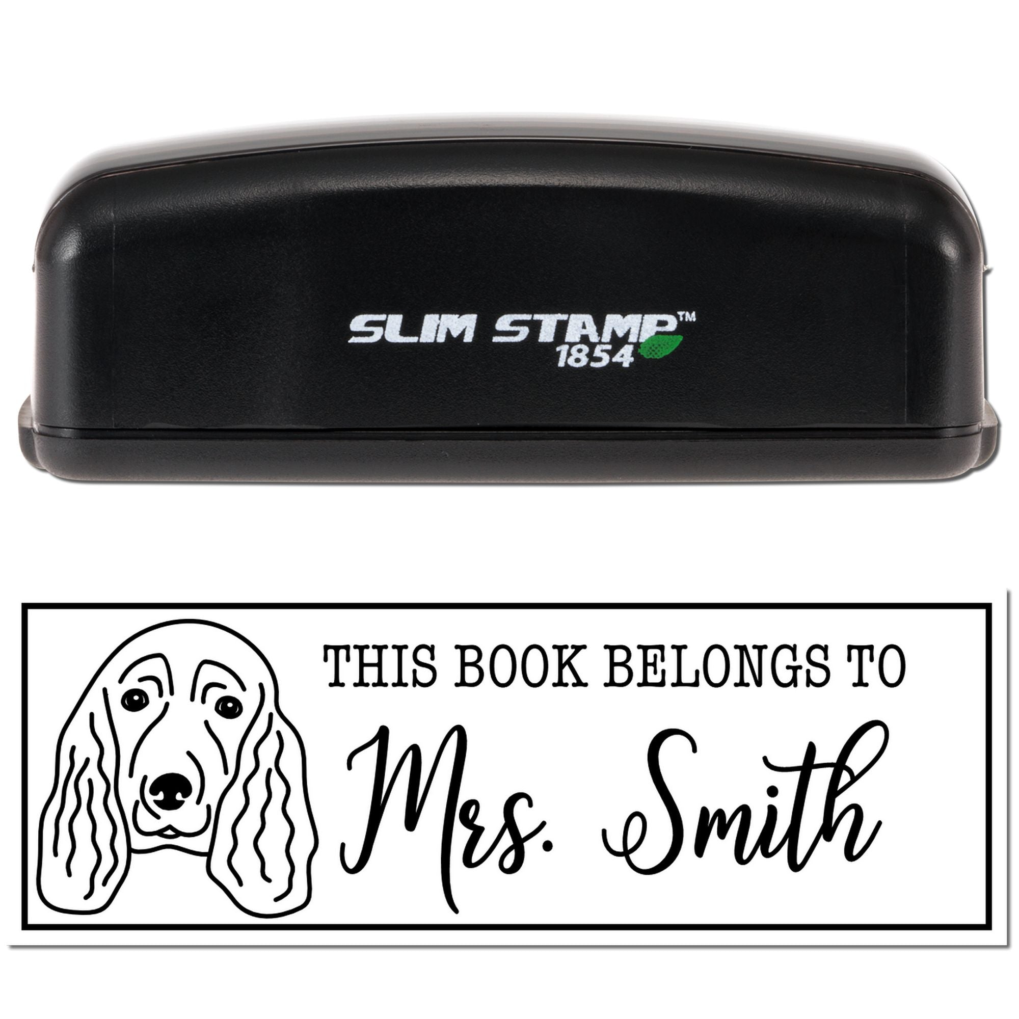 Personalized self-inking rubber book stamp with dog design and This Book Belongs to Mrs. Smith imprint, Slim Stamp 1854.