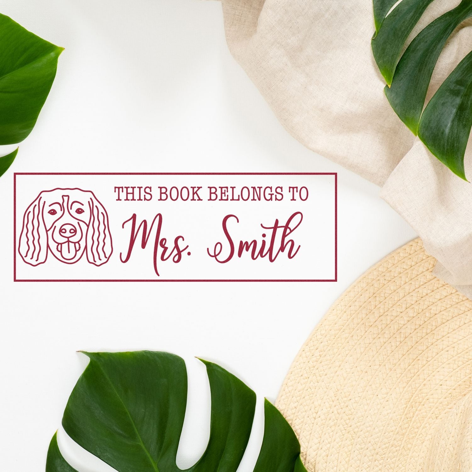 Personalized This Book Belongs to Mrs. Smith dog bookplate rubber stamp for labeling library books and school reading materials