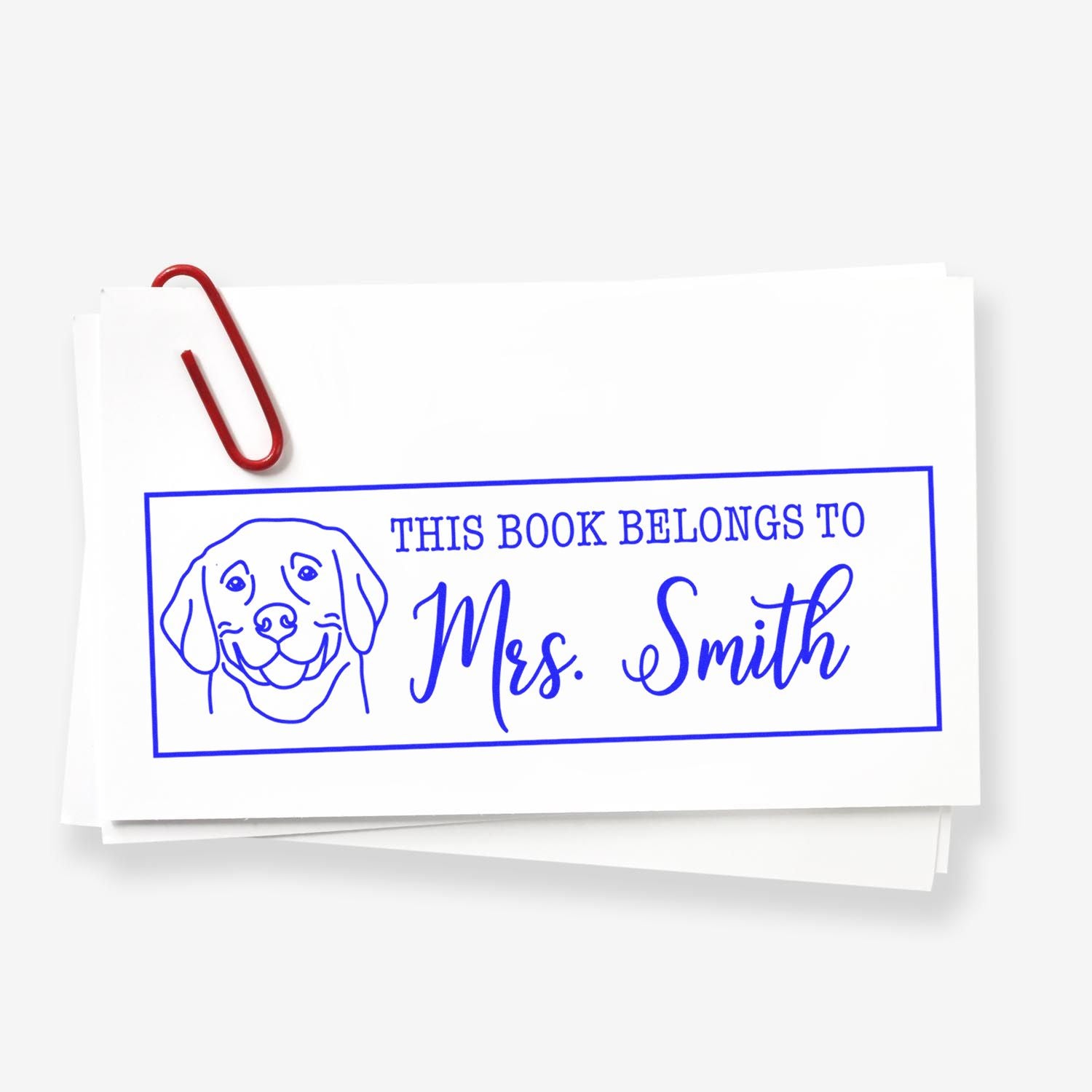 Custom dog rubber stamp for books reading This Book Belongs to Mrs. Smith for personal library labeling