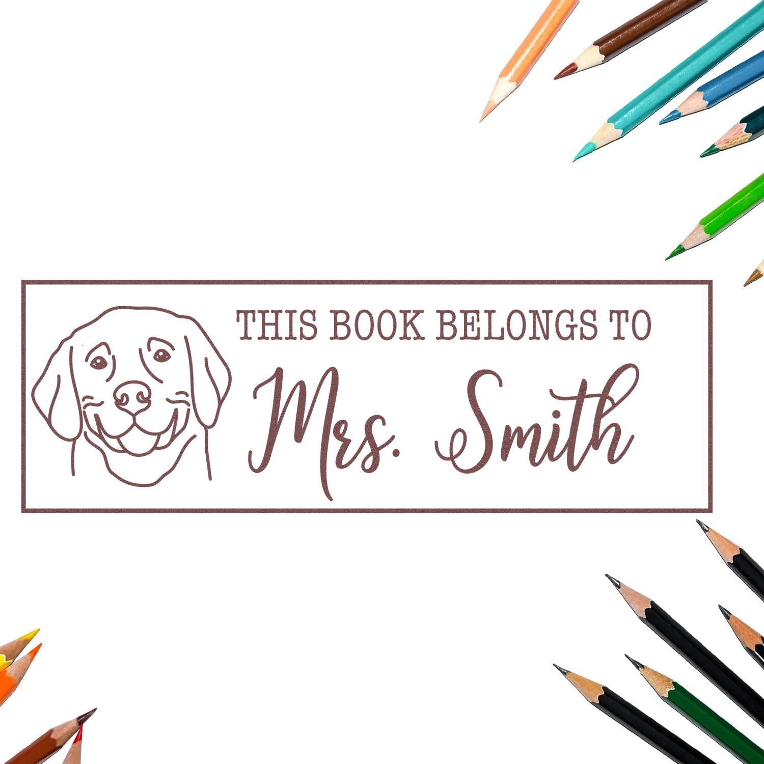 Custom rubber stamp for books with dog illustration and This Book Belongs to Mrs. Smith personalized library design.
