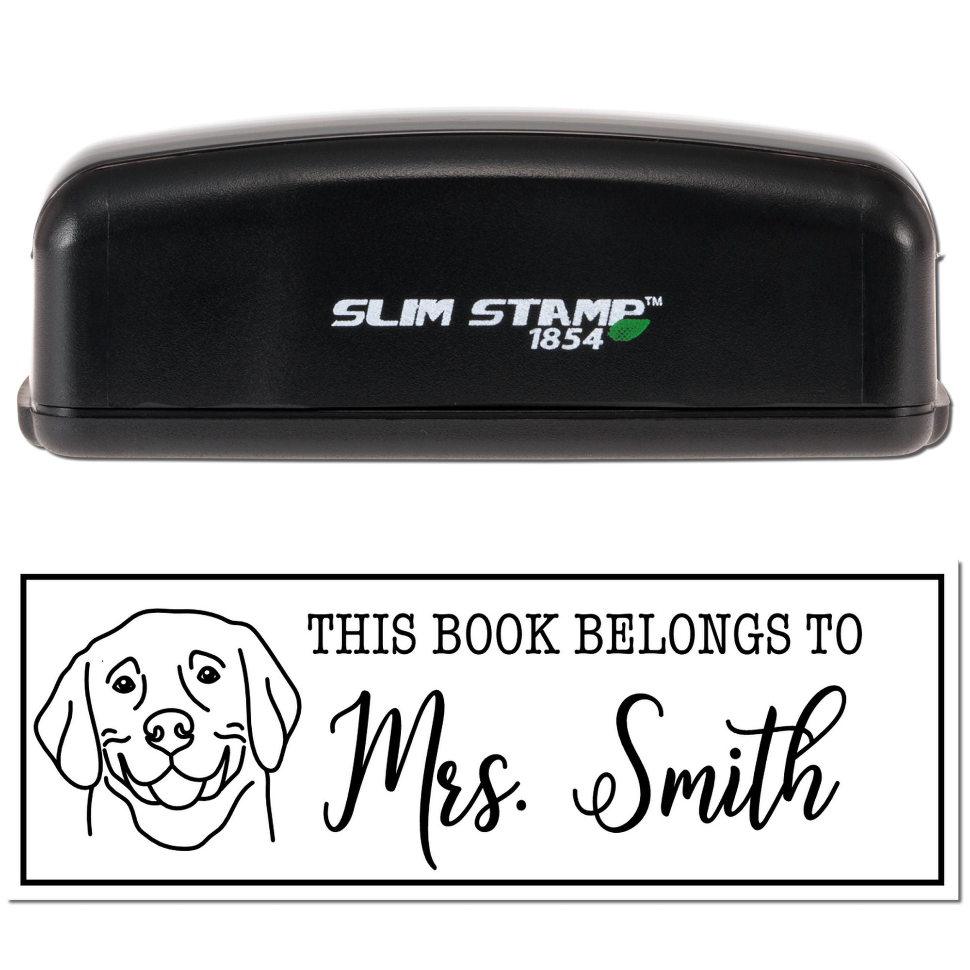 Slim Stamp 1854 custom rubber stamp with dog bookplate design and This Book Belongs to Mrs. Smith text