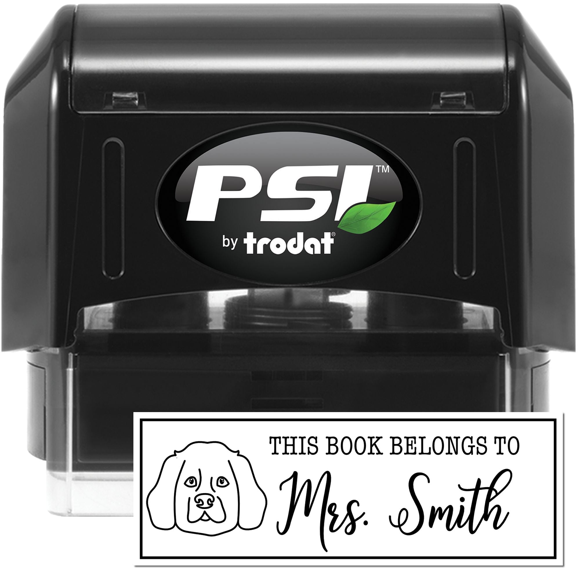 PSI by Trodat self-inking book stamp, personalized This Book Belongs to Mrs. Smith rubber stamp design.