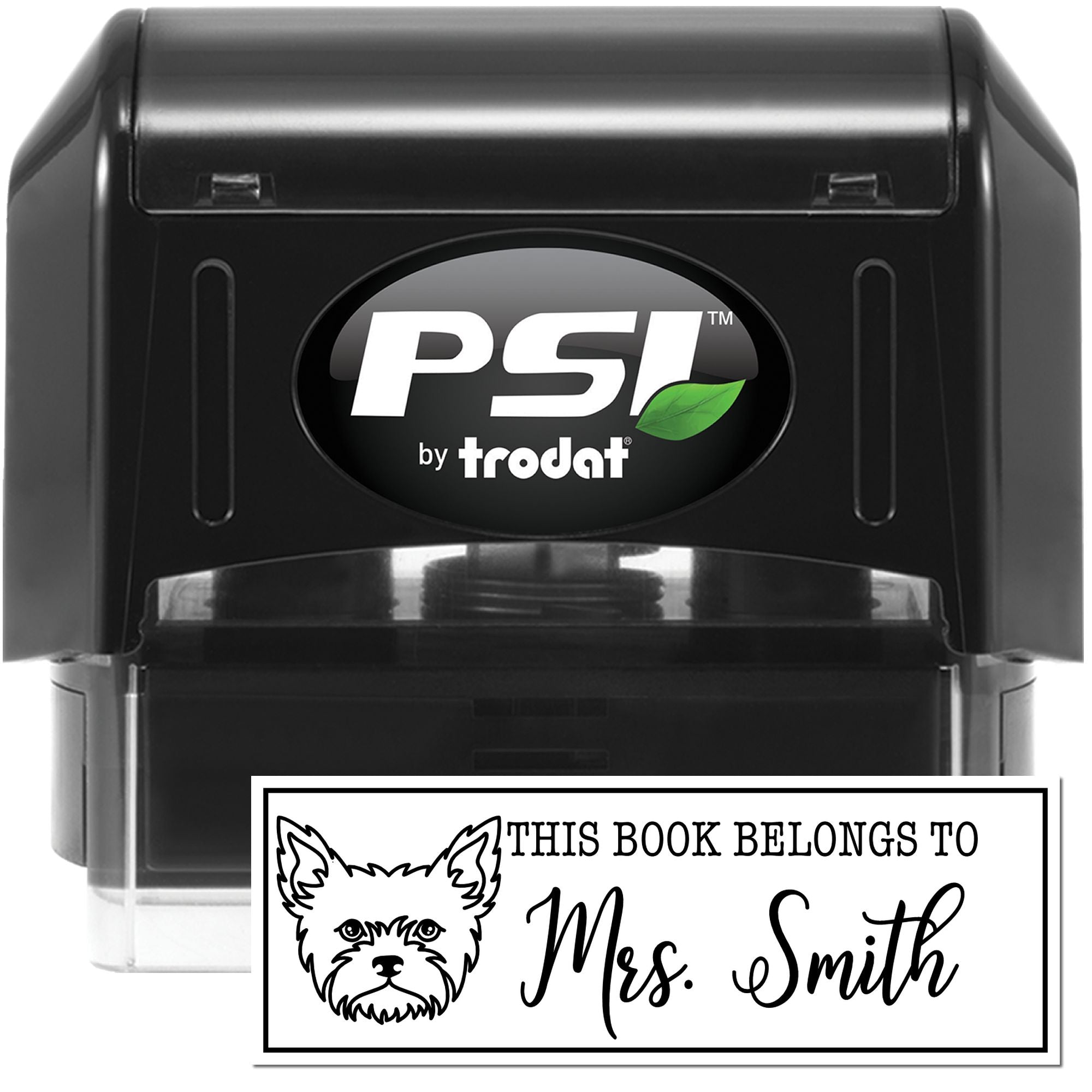 PSI by Trodat self-inking rubber stamp with custom This Book Belongs to Mrs. Smith personalized book stamp design