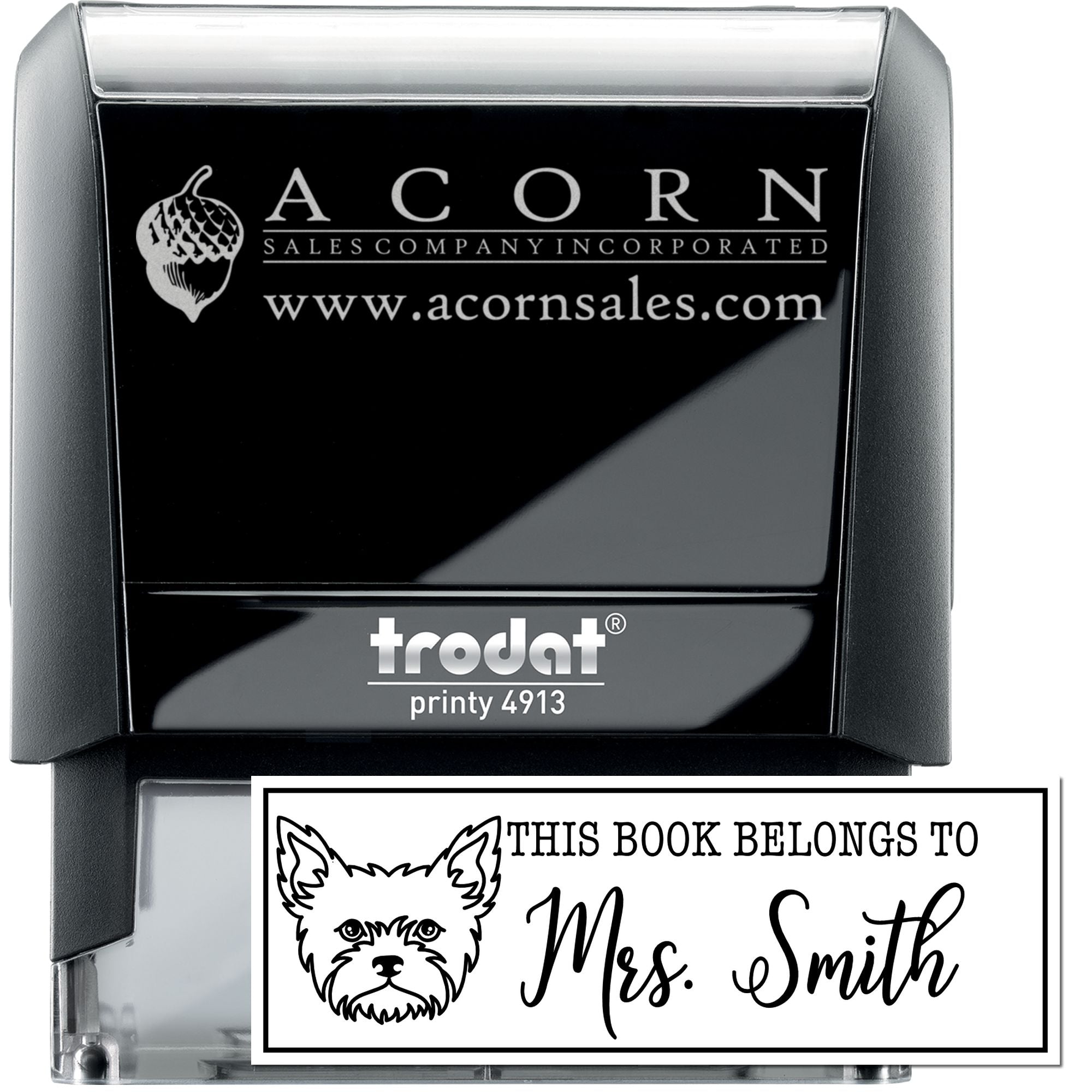 Custom self-inking rubber stamp for business branding and personalized book stamping, Trodat Printy 4913.