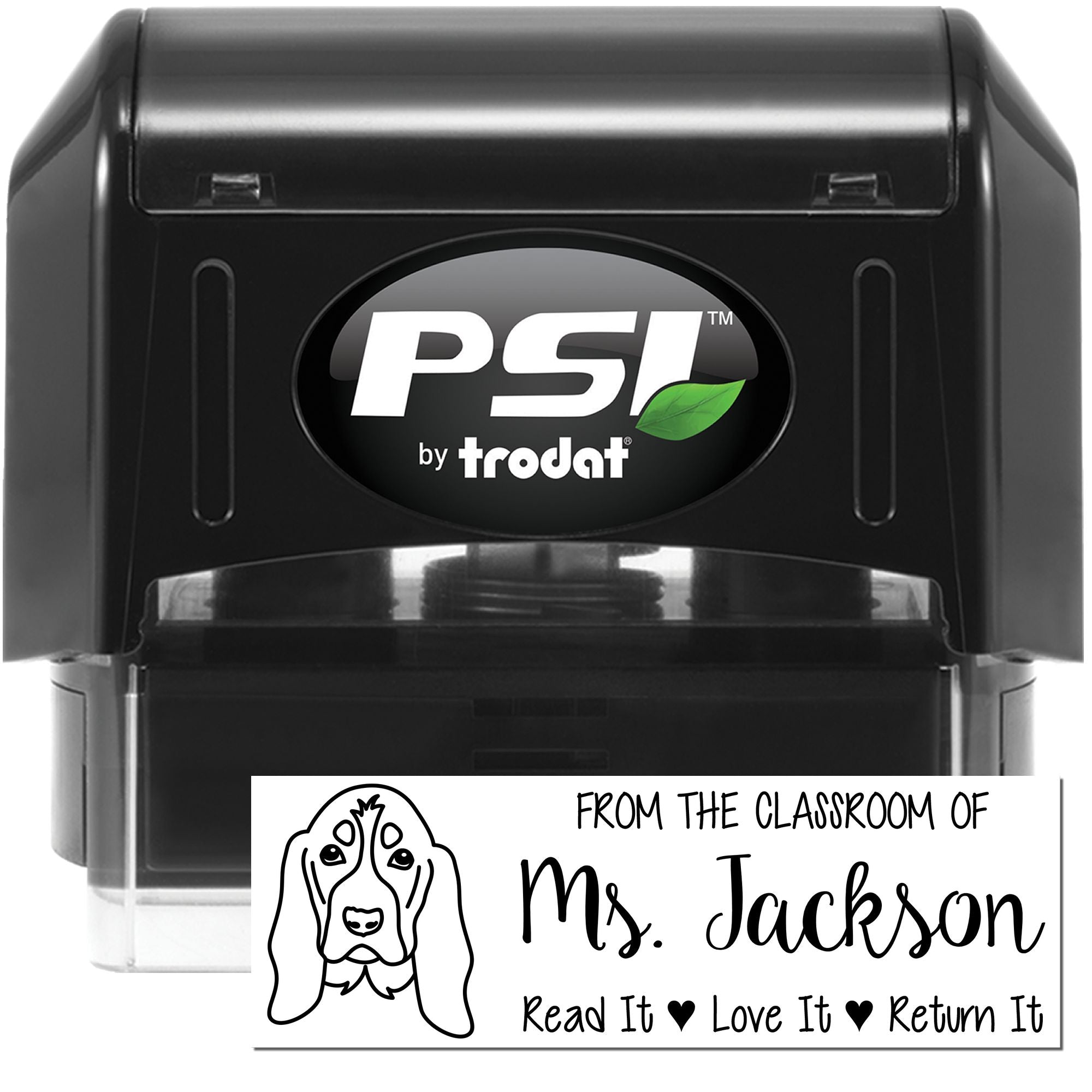 PSI by Trodat self-inking rubber stamp for classroom library labels, featuring Ms. Jacksons read it love it return it design.