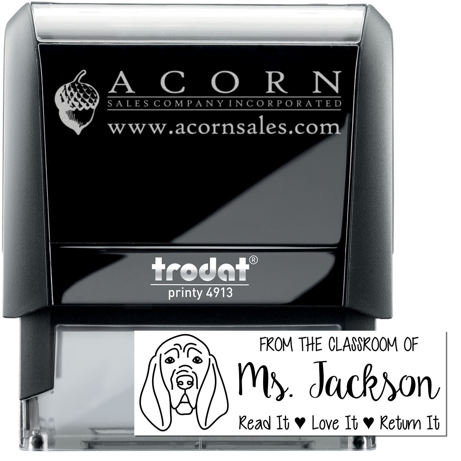 Trodat self-inking rubber stamp with custom teacher dog design and Read It, Love It, Return It message for classrooms