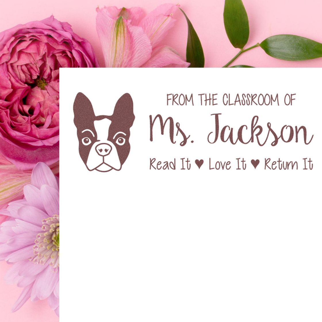 Personalized classroom rubber stamp for Ms. Jackson with dog icon and Read It, Love It, Return It book return message.