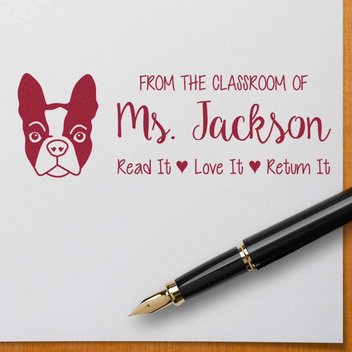 Personalized teacher rubber stamp with dog icon and From the Classroom of Ms. Jackson book label, Read It, Love It, Return It