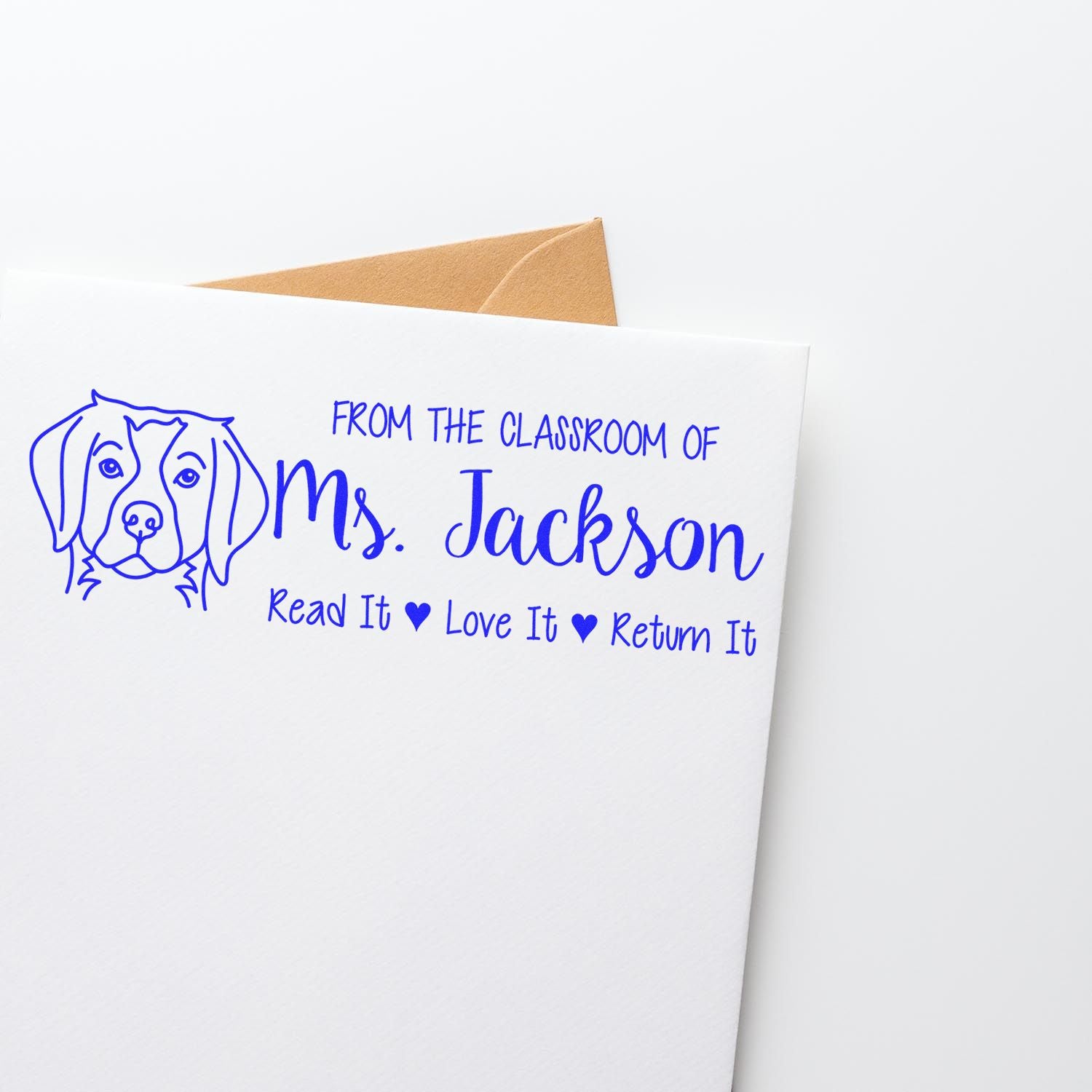 Personalized teacher rubber stamp for Ms. Jackson with dog design and Read It, Love It, Return It book return message.
