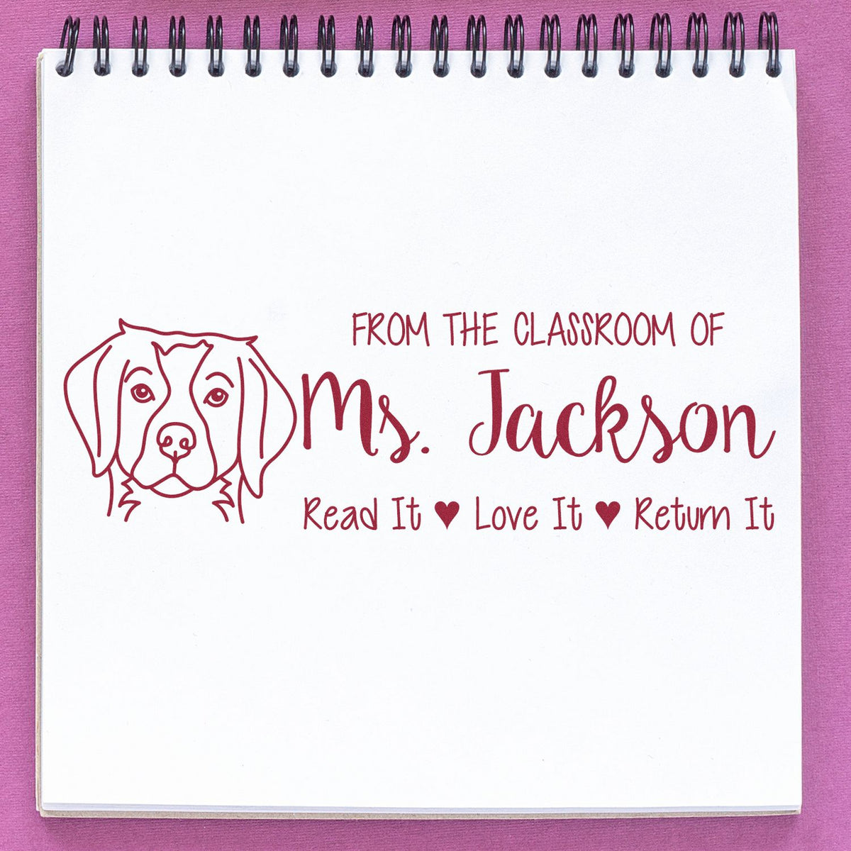 Custom teacher book rubber stamp with dog art: From the classroom of Mrs. Jackson, Read It Love It Return It.