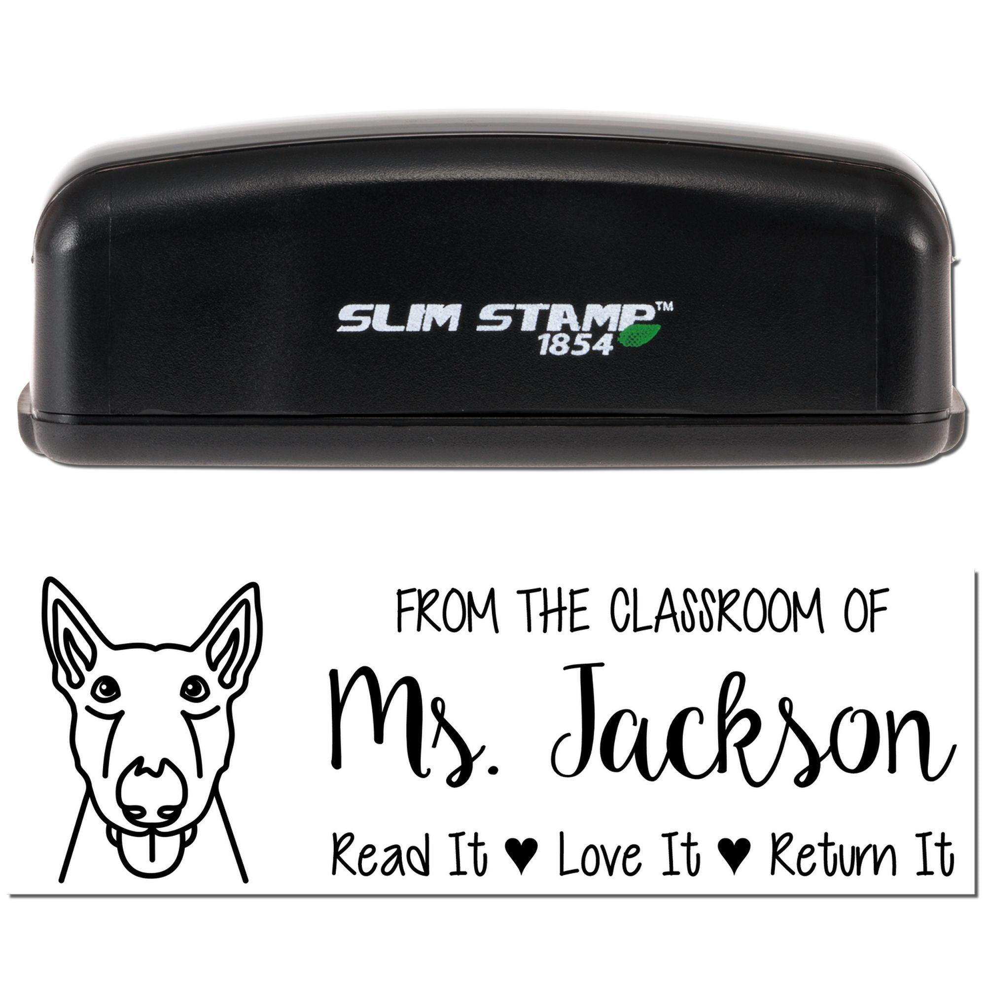 Custom classroom book return self-inking rubber stamp for Ms. Jackson: Read It, Love It, Return It.