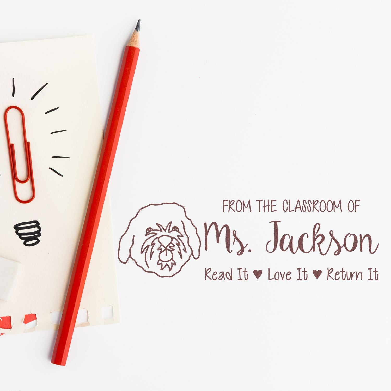 Personalized teacher rubber stamp for classroom books: From the classroom of Ms. Jackson, Read It Love It Return It.