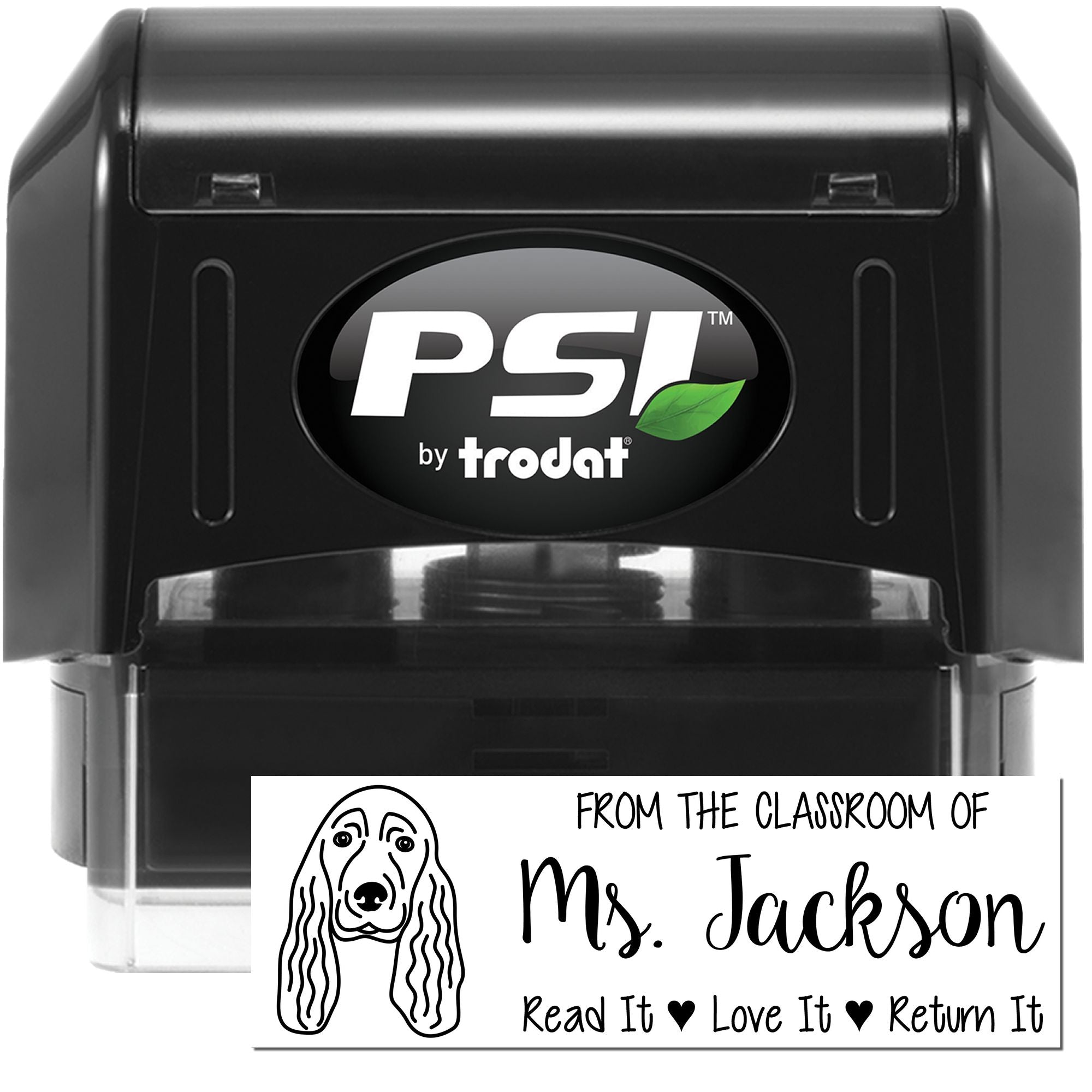 Custom teacher self-inking rubber stamp by PSI by Trodat with dog artwork and read, love, return classroom message.