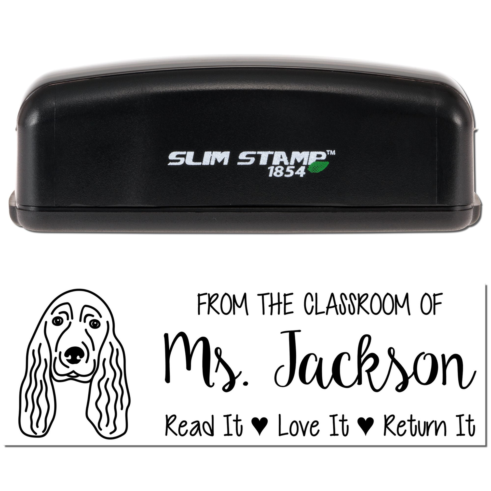Custom classroom rubber stamp for Ms. Jackson with dog icon and Read It, Love It, Return It message.