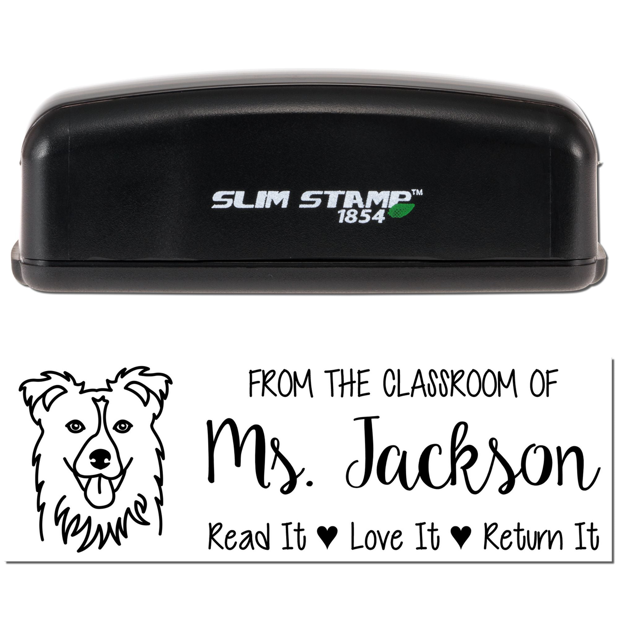 Slim Stamp 1854 custom teacher rubber stamp with From the Classroom of Ms. Jackson return-it design and dog graphic