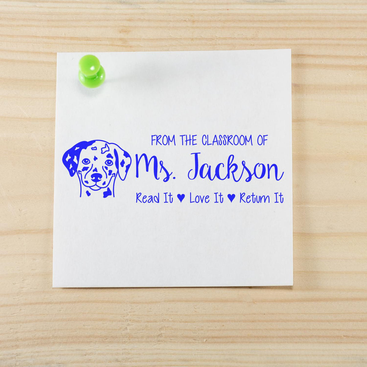 Personalized teacher book stamp for Ms. Jackson with Dalmatian design and Read it, Love it, Return it library label.