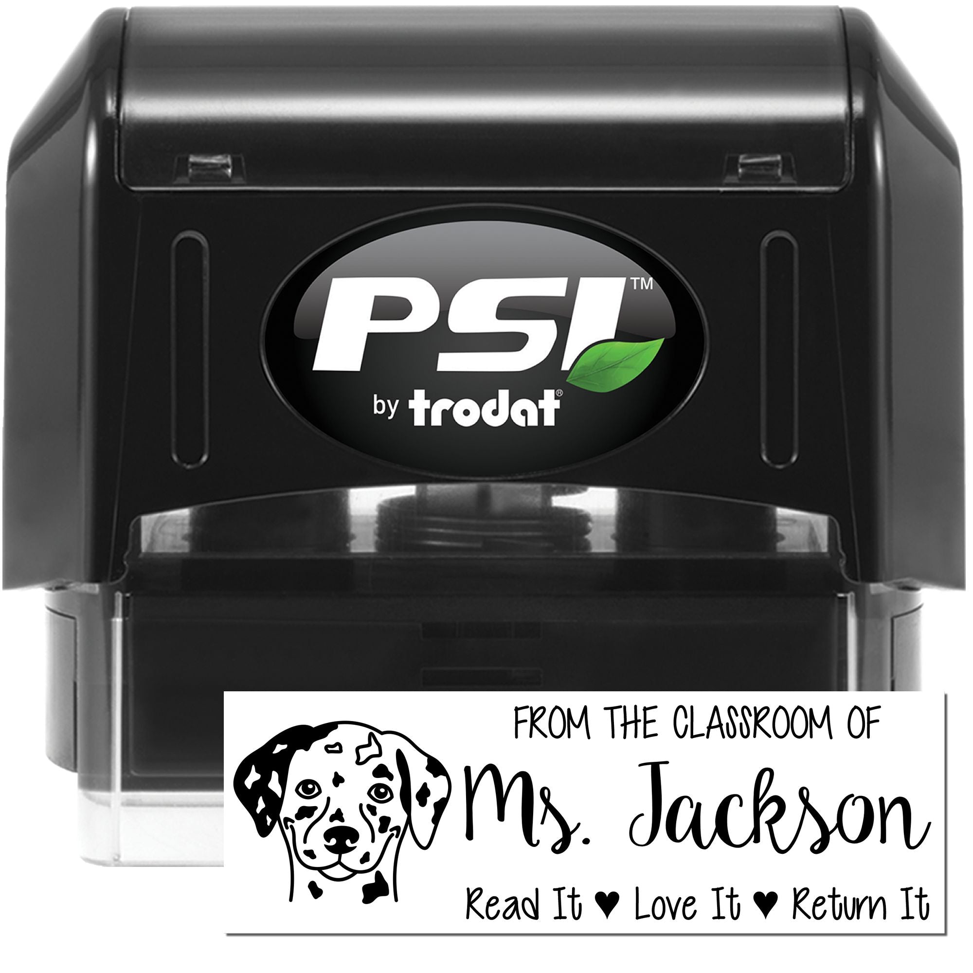 PSI by Trodat self-inking rubber stamp with custom teacher name and dog graphic for classroom labeling
