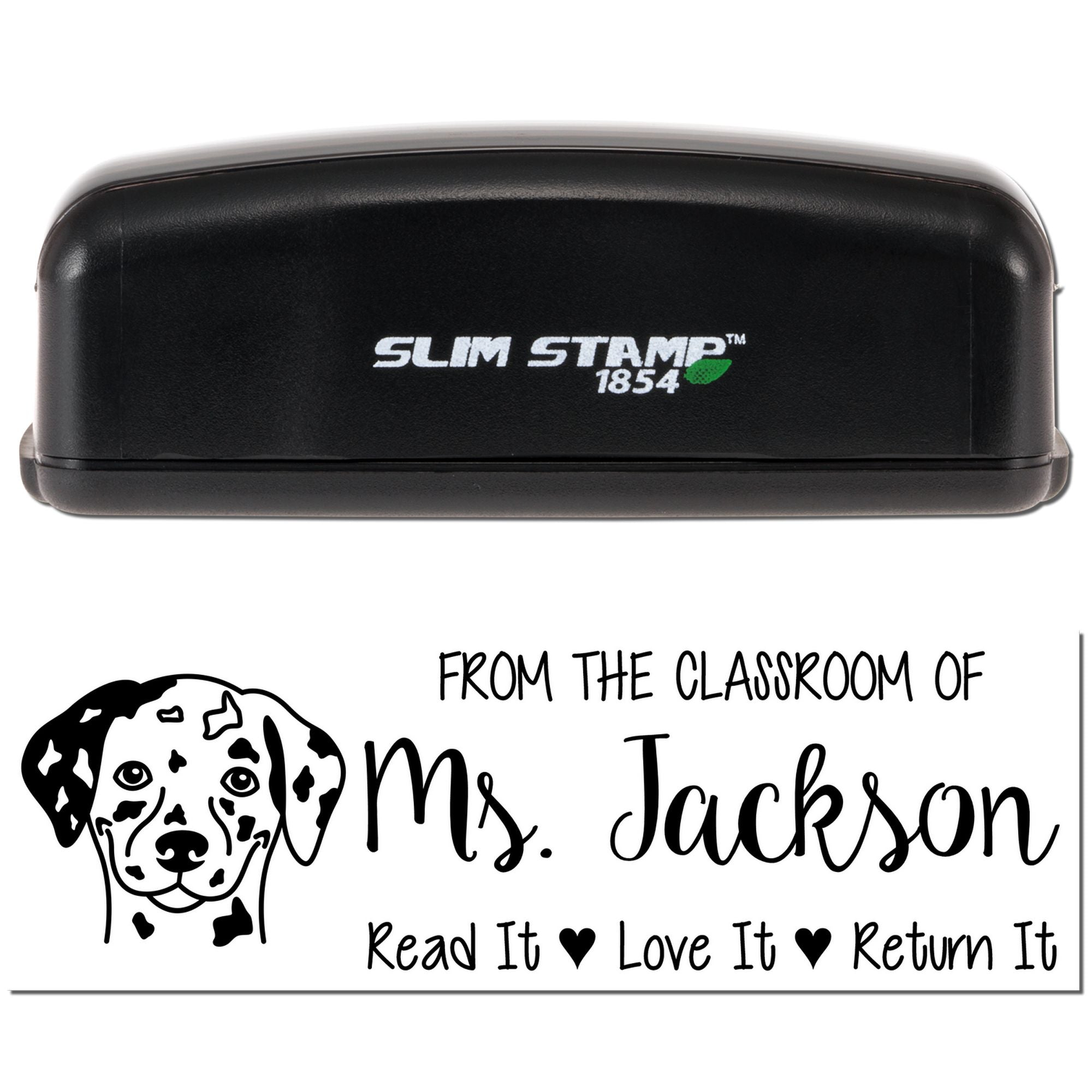 Slim Stamp self-inking teacher rubber stamp with Ms. Jackson classroom library Read It, Love It, Return It design.