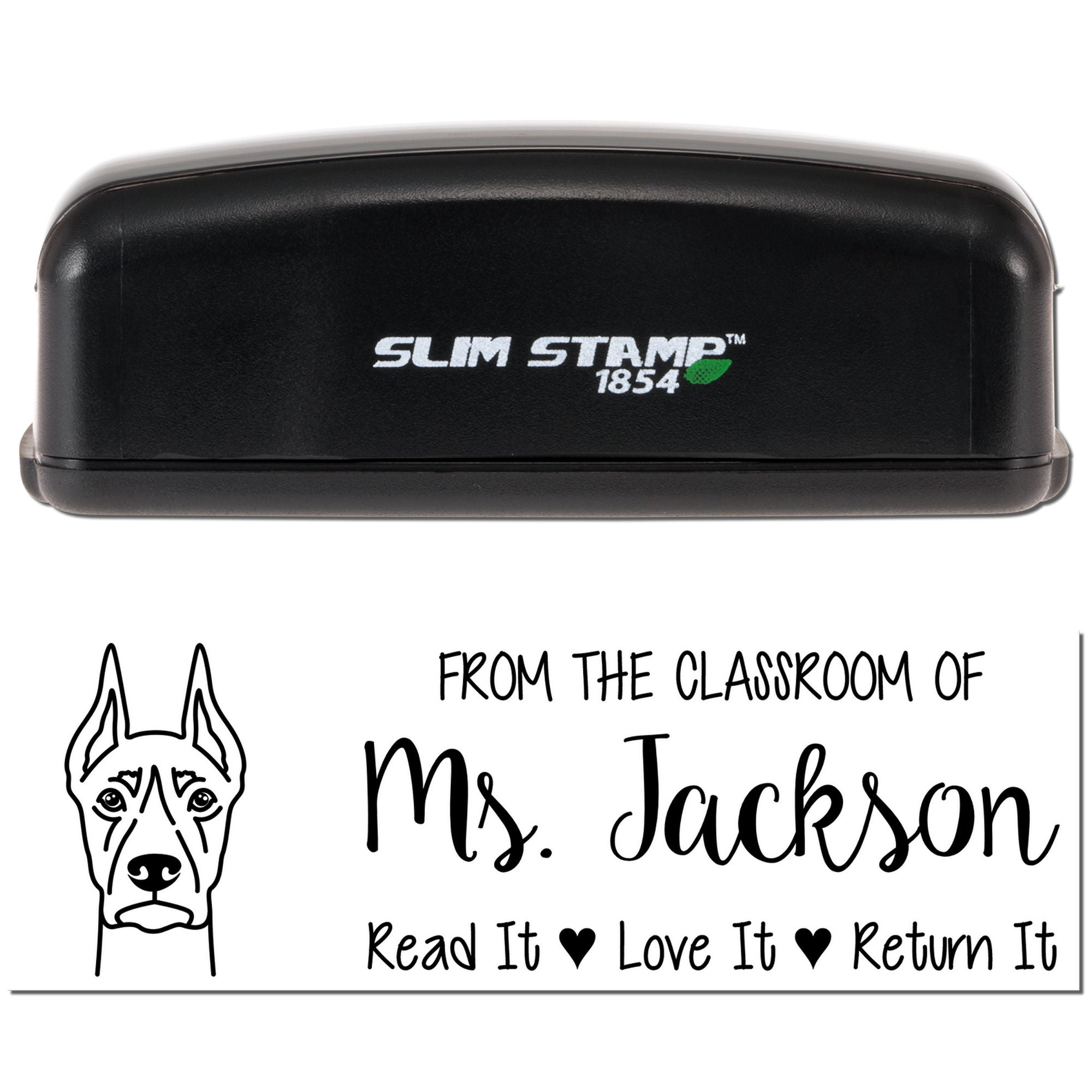 Slim Stamp 1854 rubber stamp for classroom books, featuring Ms. Jacksons Read it, Love It, Return It teacher library design.