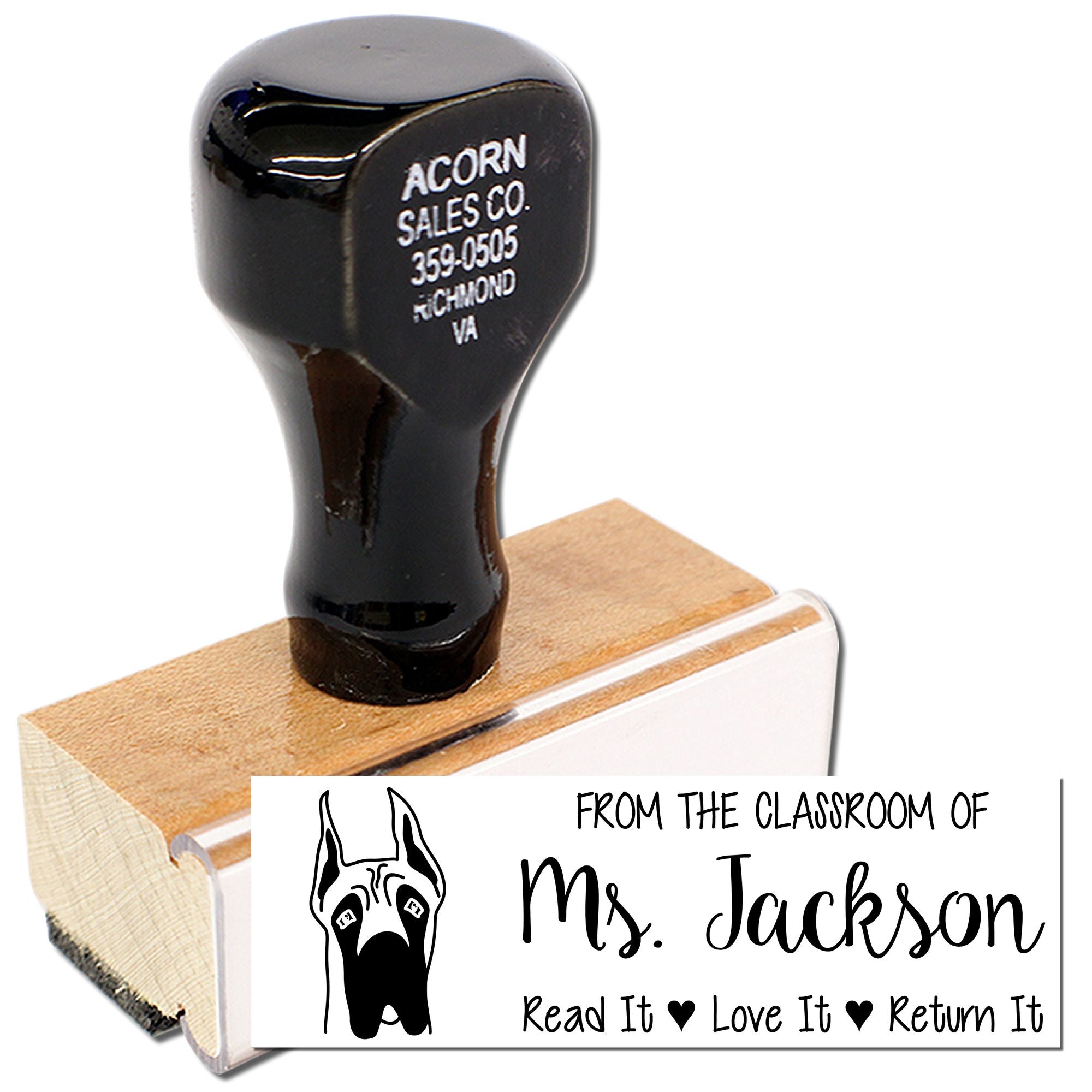 Custom teacher rubber stamp for Ms. Jackson classroom books, with dog graphic and Read It Love It Return It message.