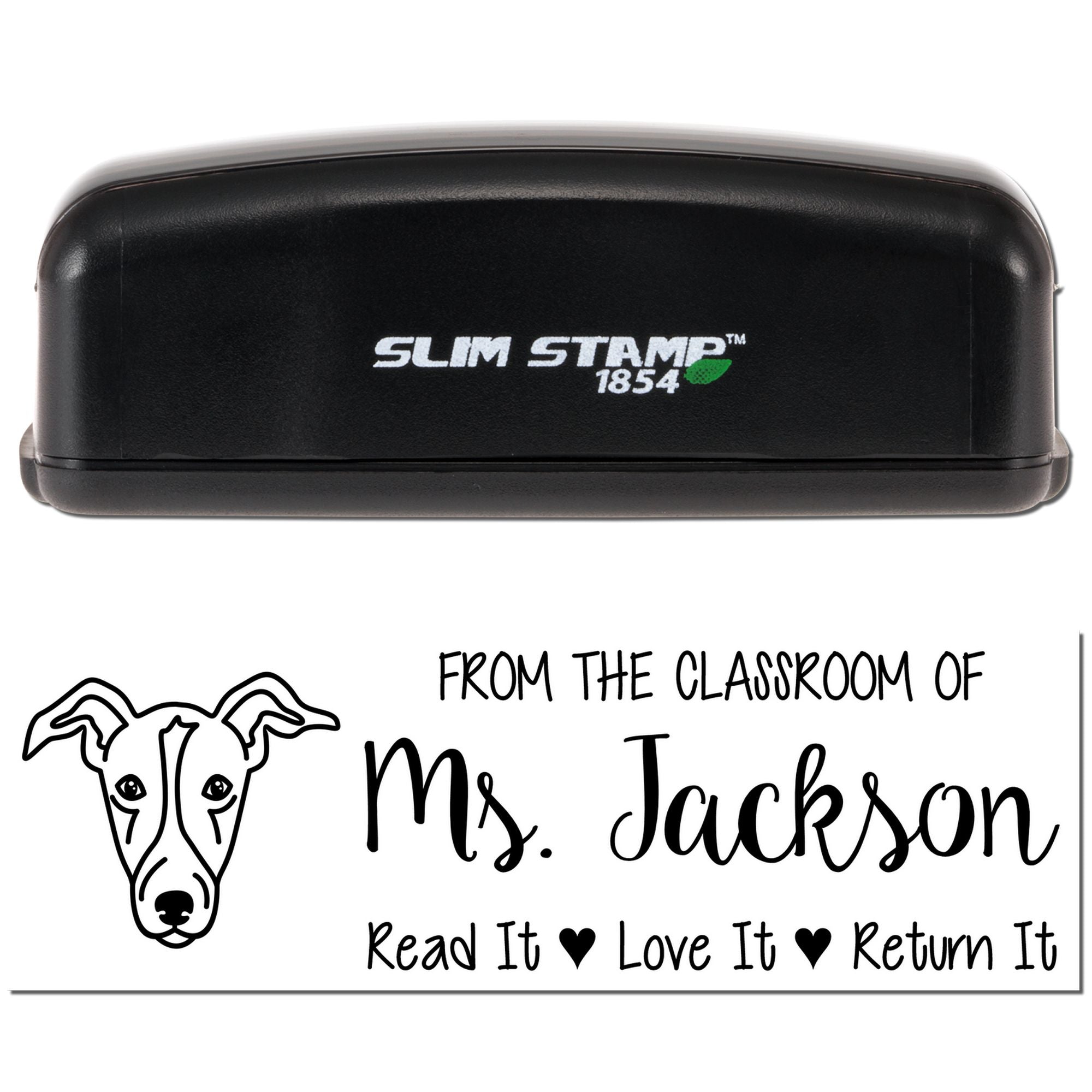 Custom classroom library rubber stamp, Slim Stamp 1854, with dog logo and From the classroom of Ms. Jackson return message.