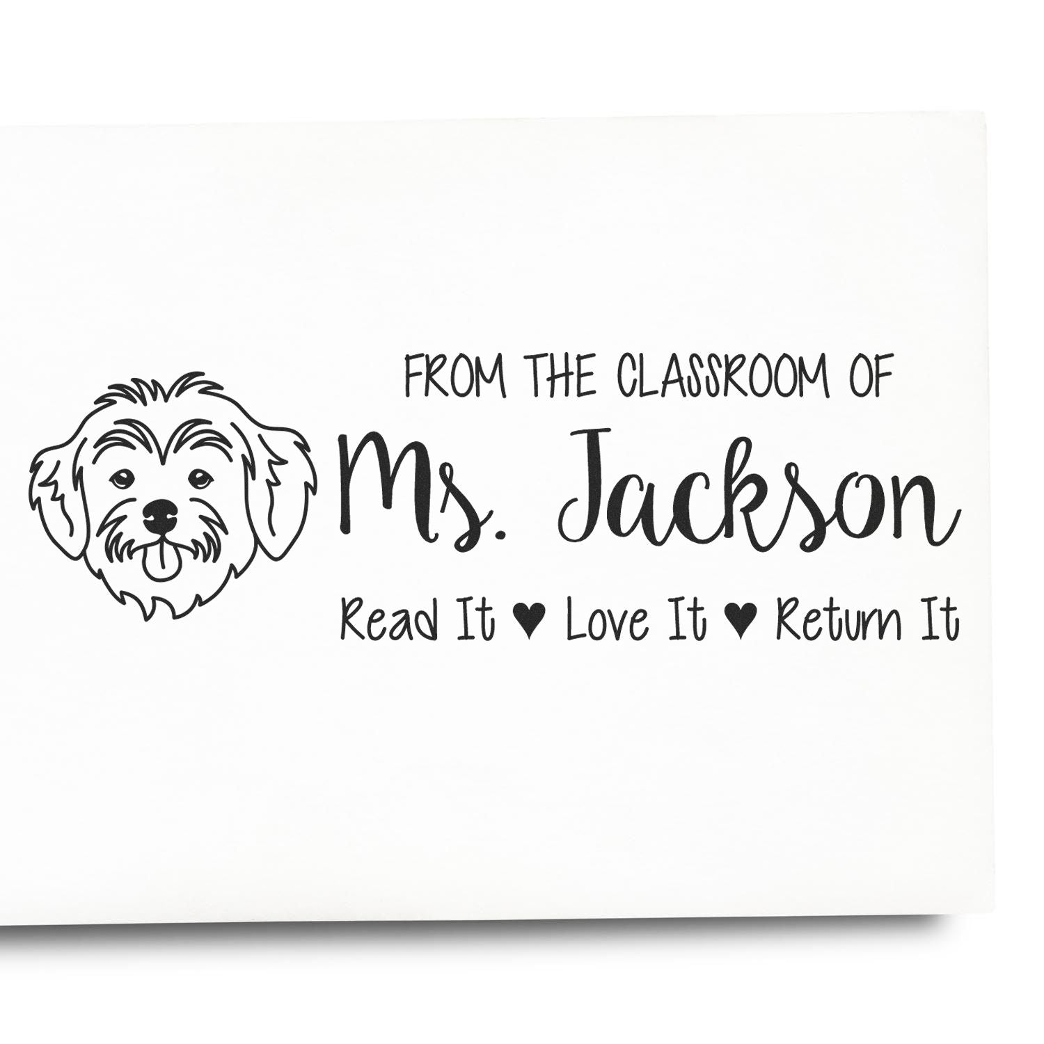 Personalized teacher rubber stamp for Mrs. Jackson with dog icon and Read It, Love It, Return It library message.
