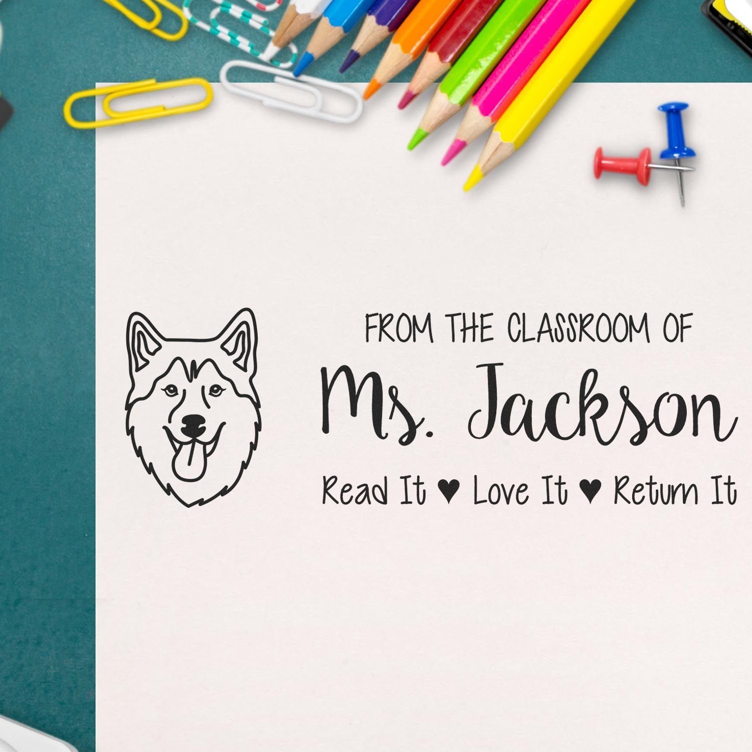 Personalized classroom rubber stamp with dog design for teacher books: Read It, Love It, Return It.