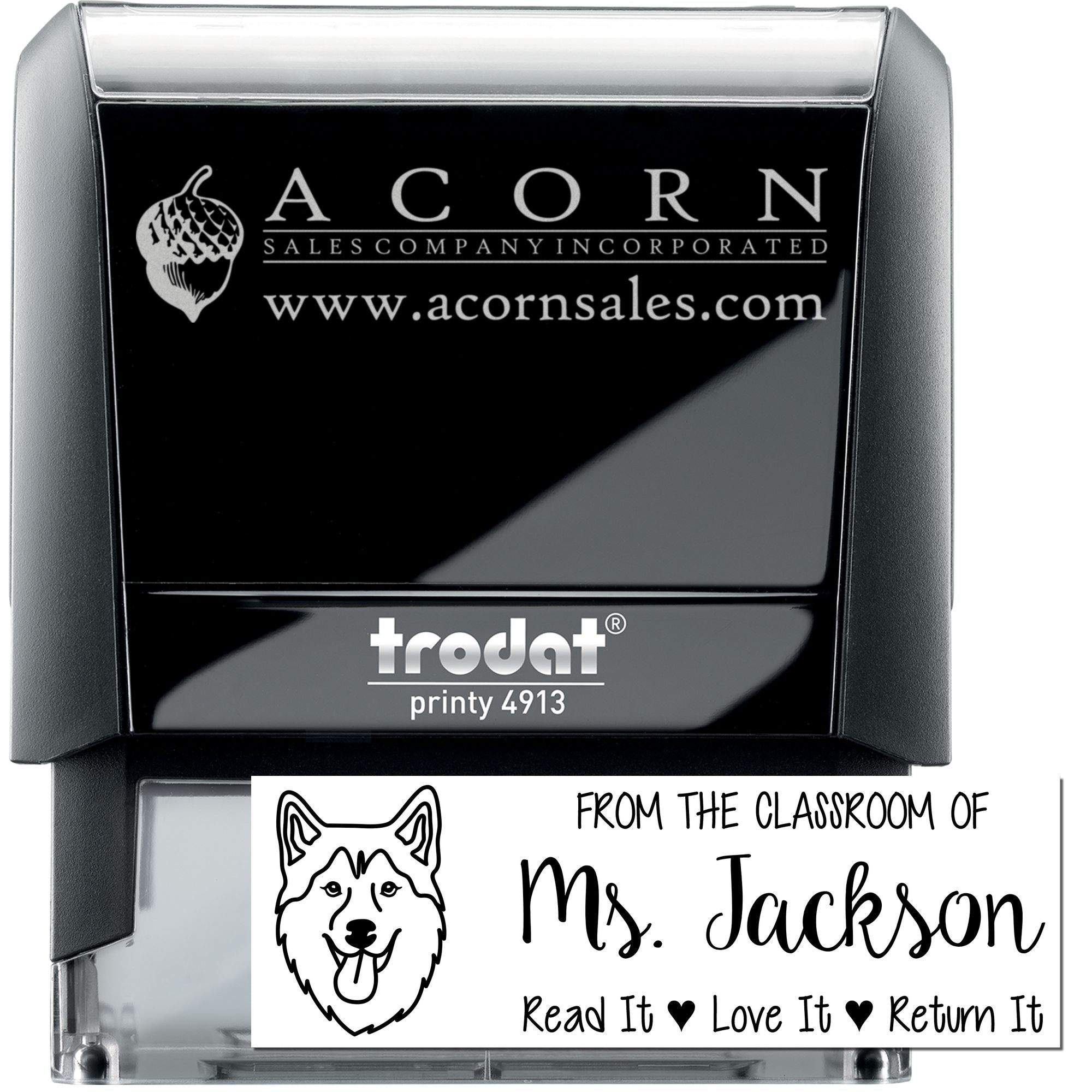 Trodat Printy self-inking rubber stamp examples: custom business logo stamp and teacher classroom return stamp with husky design.