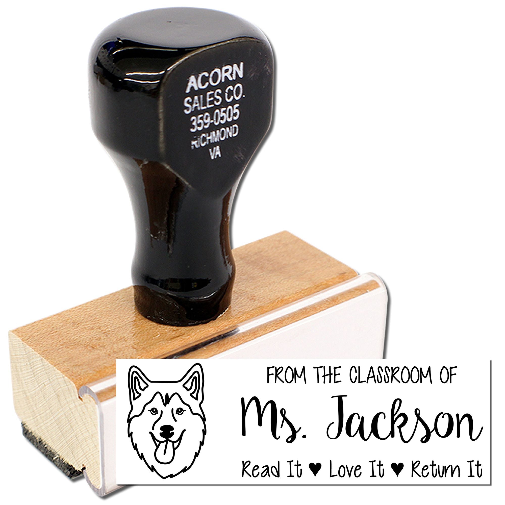 Custom classroom book return rubber stamp for Ms. Jackson, with husky logo and Read It, Love It, Return It message.