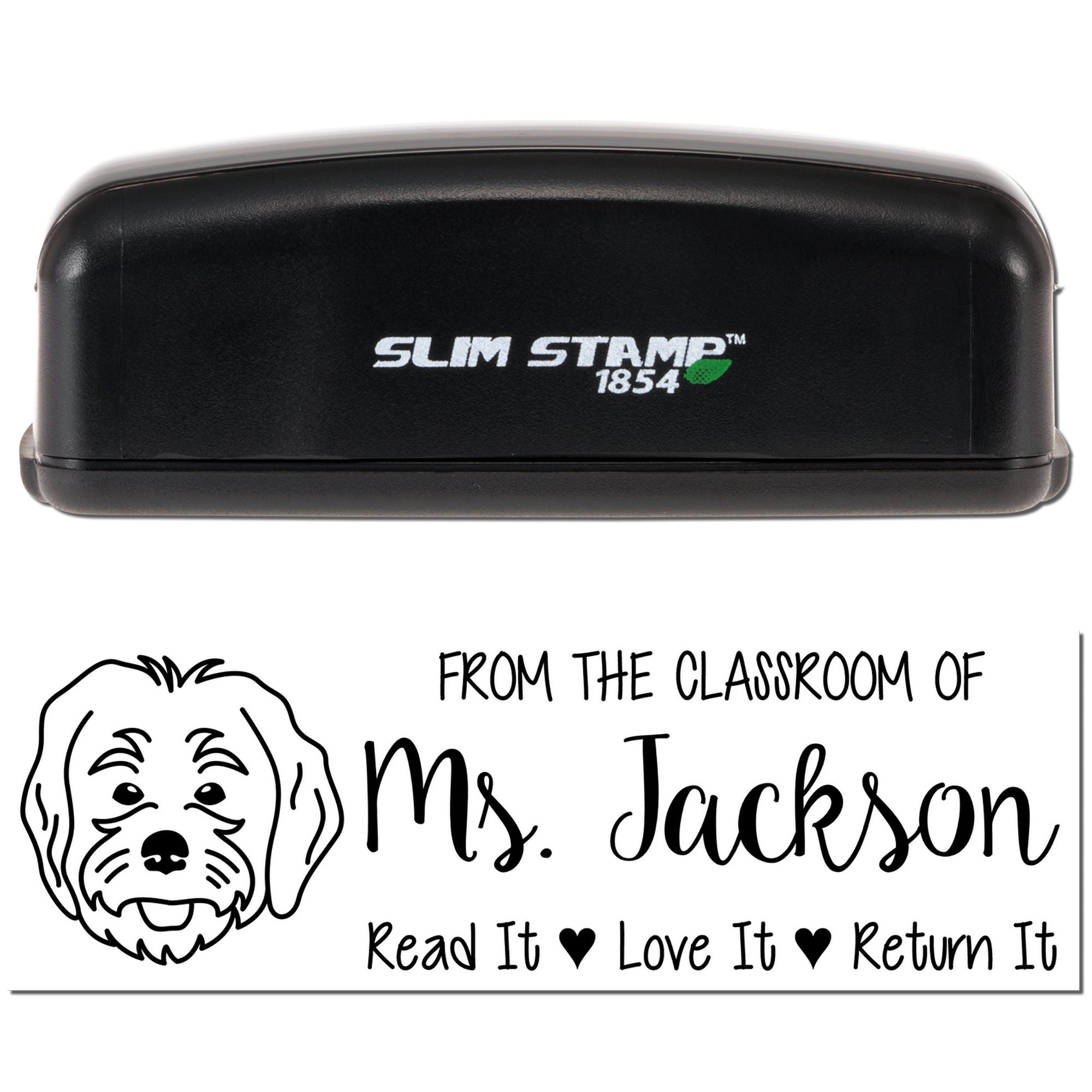Slim Stamp 1854 personalized classroom book rubber stamp for Mrs. Jackson with dog icon and Read It, Love It, Return It message.