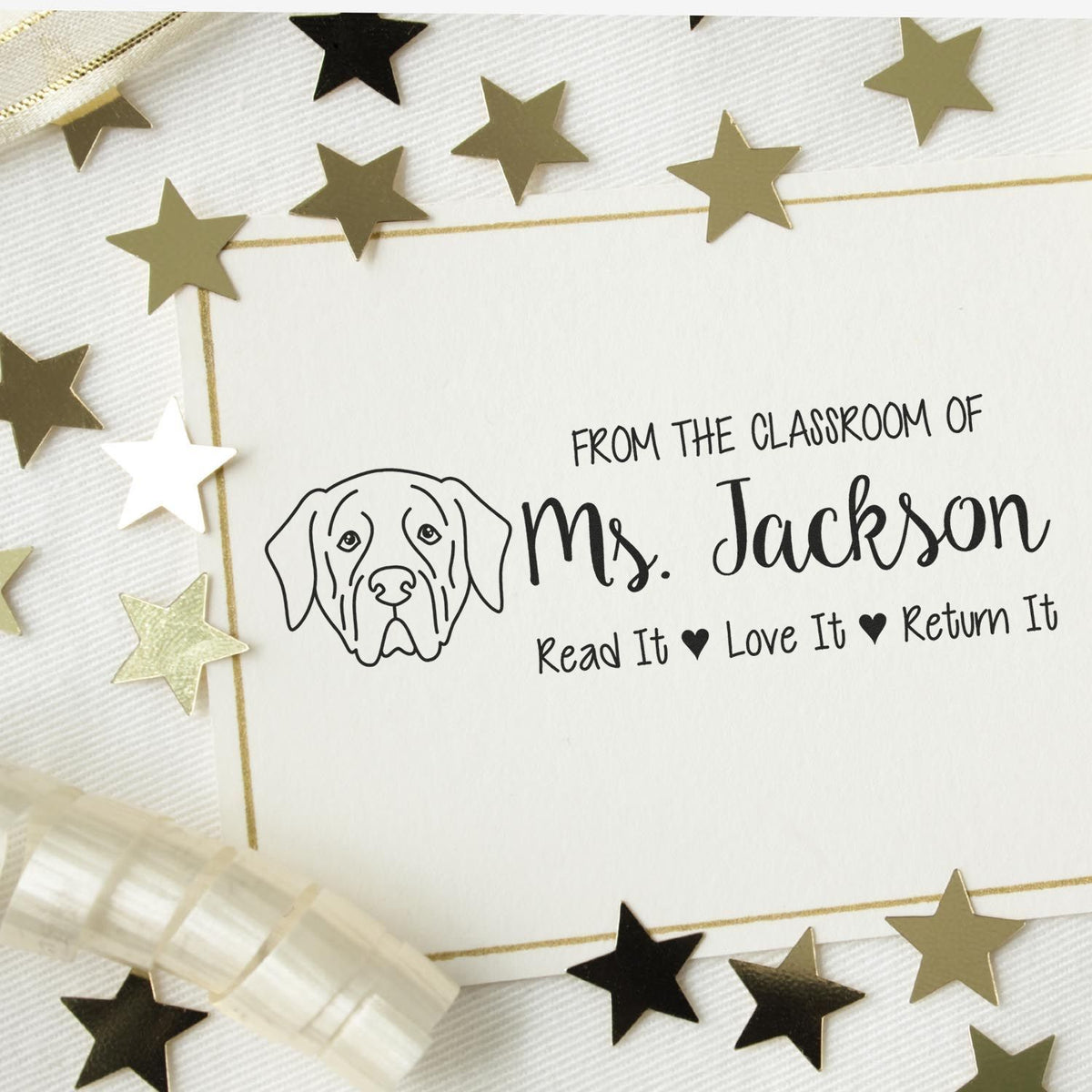 Custom classroom return address rubber stamp with dog illustration and name, perfect for teachers, books, and school mail.