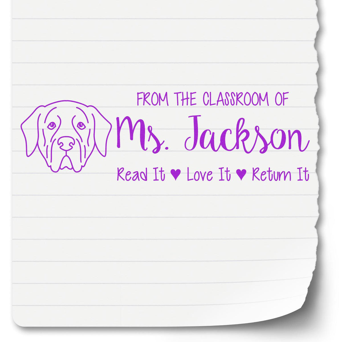 Custom teacher rubber stamp with dog design and From the Classroom of Ms. Jackson read it, love it, return it message.