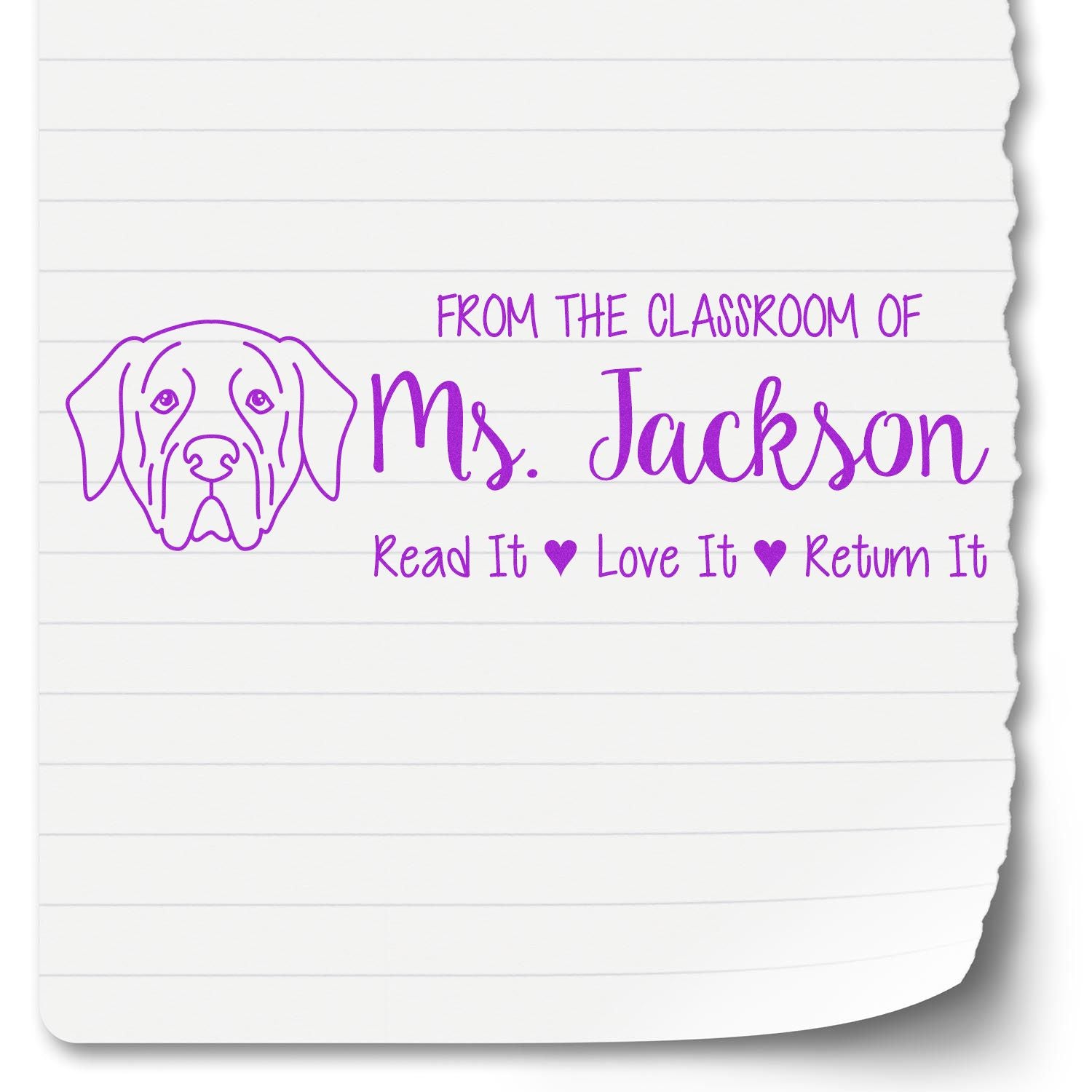 Personalized classroom rubber stamp for Ms. Jackson with dog icon and Read It, Love It, Return It book return message.