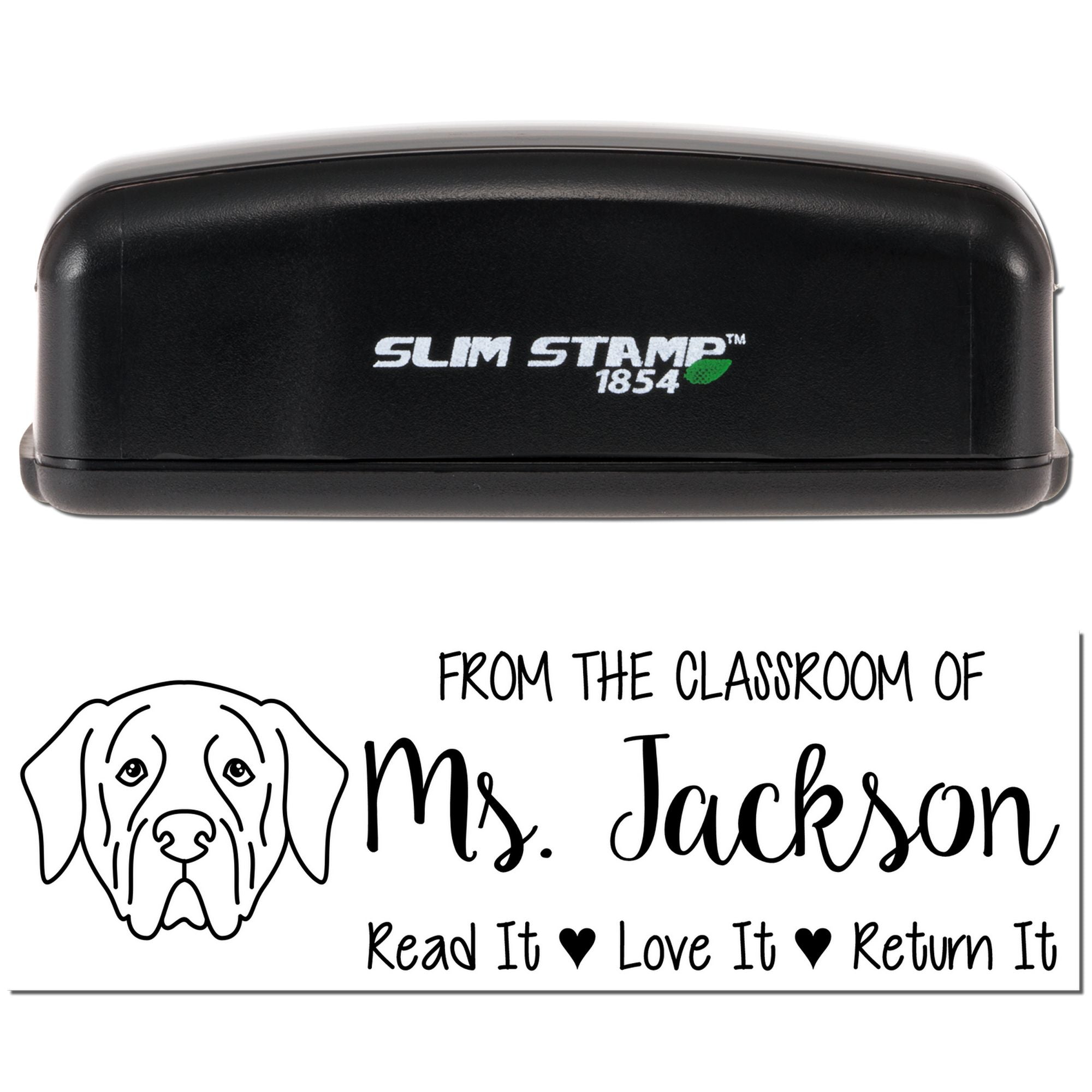 Custom teacher library rubber stamp by Slim Stamp 1854 with dog design and Read It, Love It, Return It classroom message.