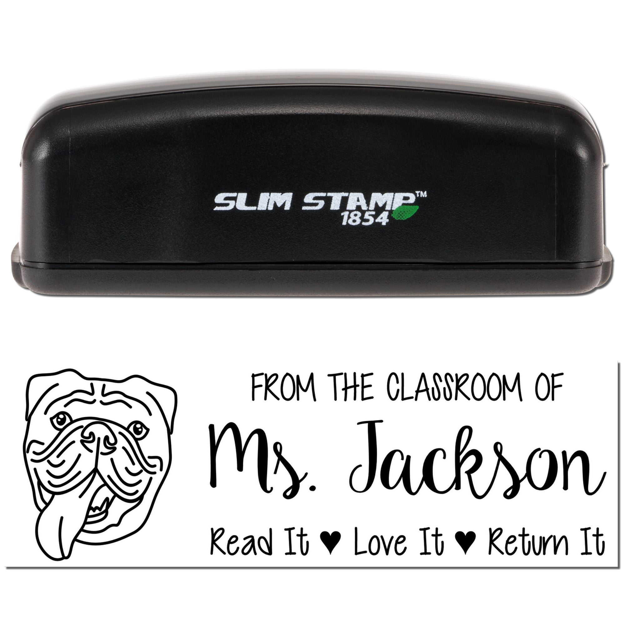 Slim Stamp 1854 self-inking custom classroom rubber stamp with bulldog and From the classroom of Ms. Jackson return-it message.