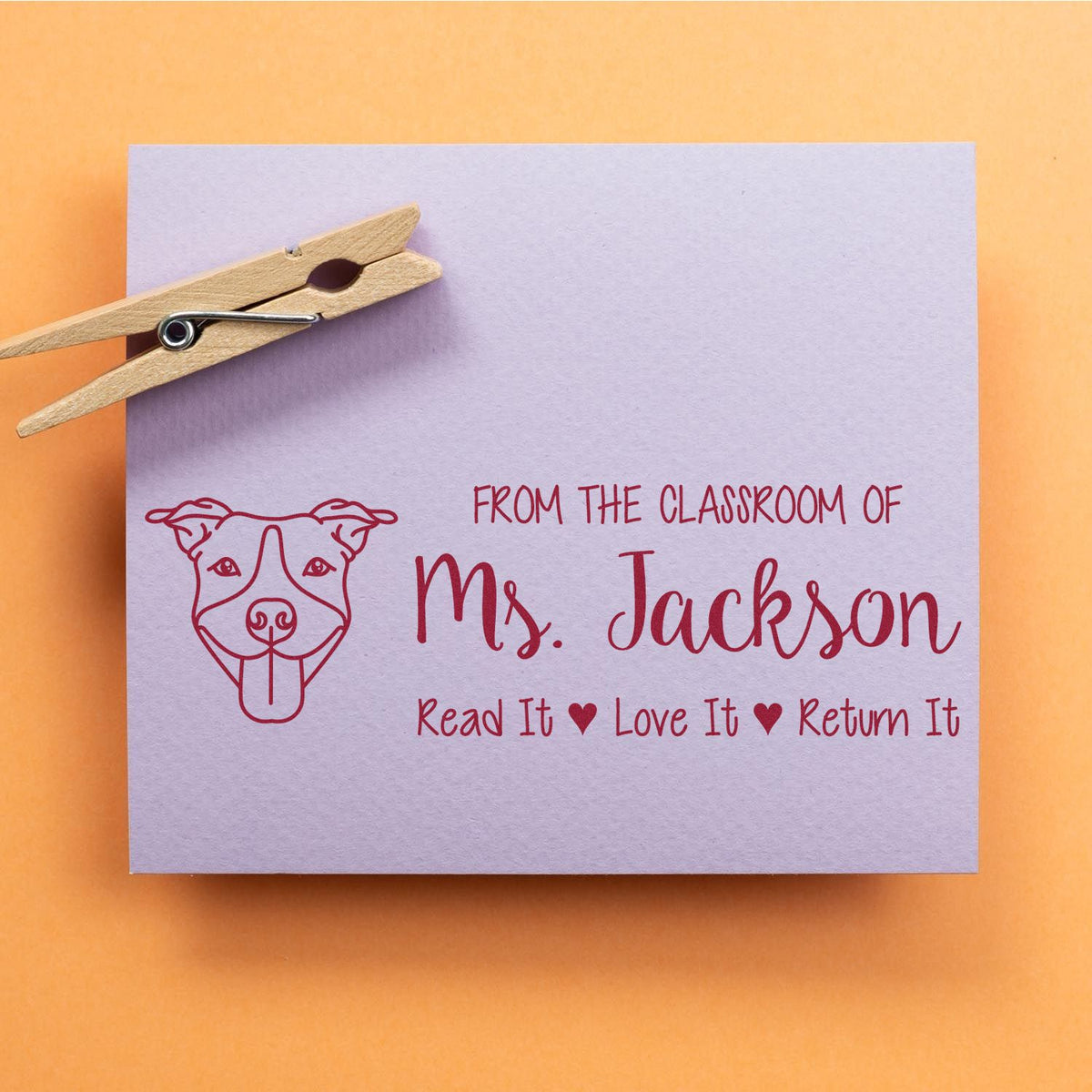 Personalized teacher rubber stamp for Ms. Jackson with dog design: Read it, Love it, Return it book return stamp.