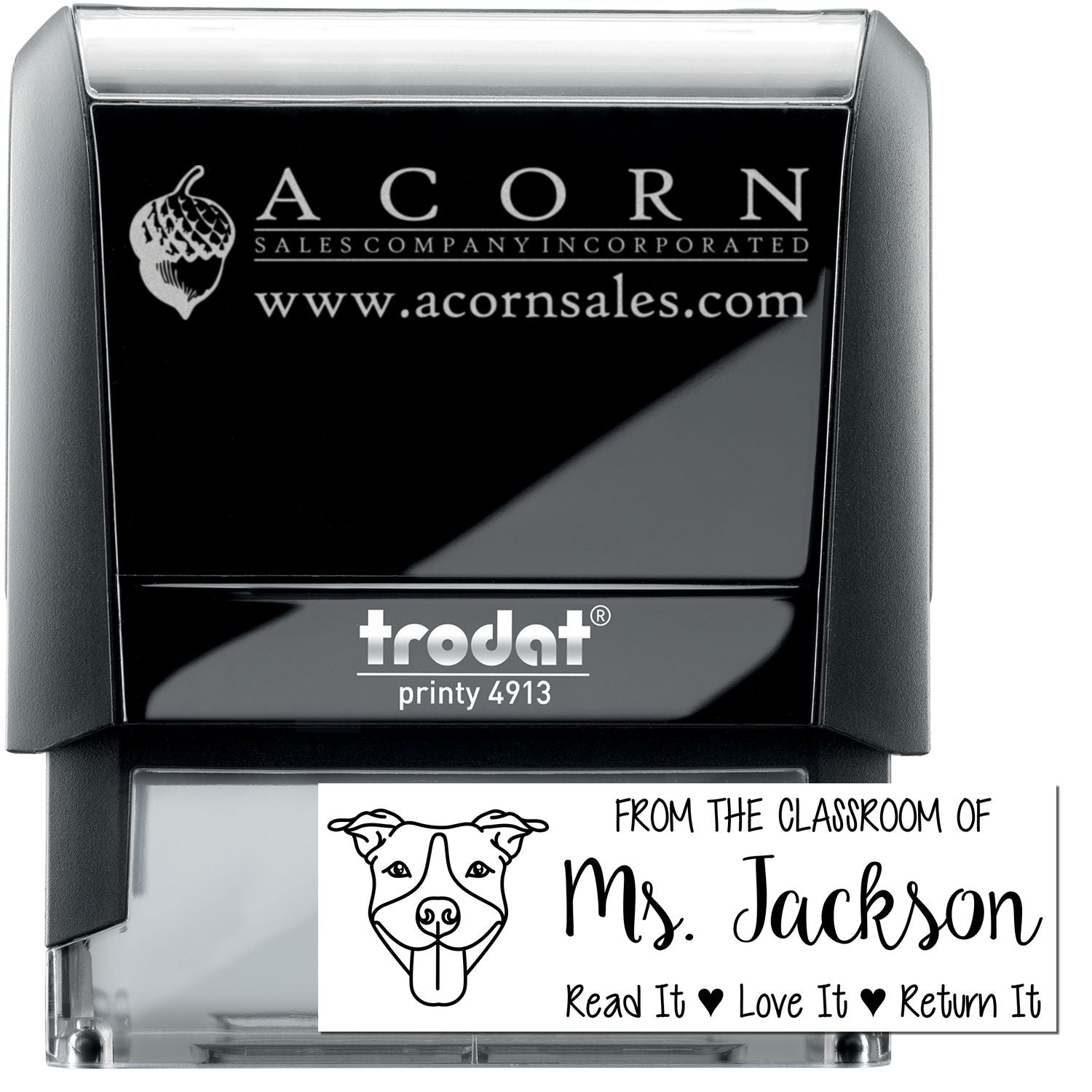 Custom self-inking teacher rubber stamp with dog design and From the classroom of Ms. Jackson personalized classroom stamp.